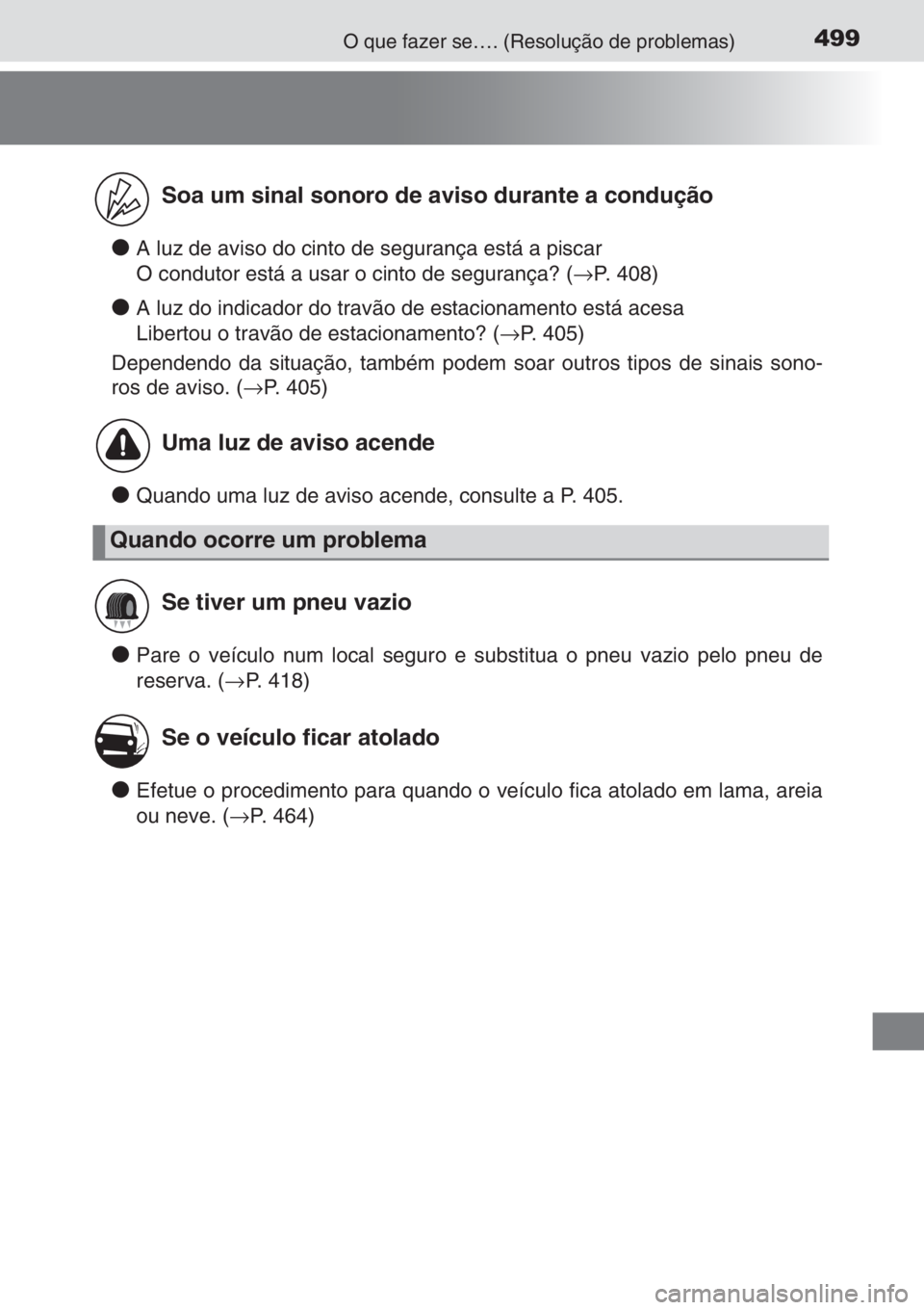 TOYOTA YARIS 2015  Manual de utilização (in Portuguese) 499O que fazer se…. (Resolução de problemas)
●A luz de aviso do cinto de segurança está a piscar
O condutor está a usar o cinto de segurança? (→P. 408)
●A luz do indicador do travão de 