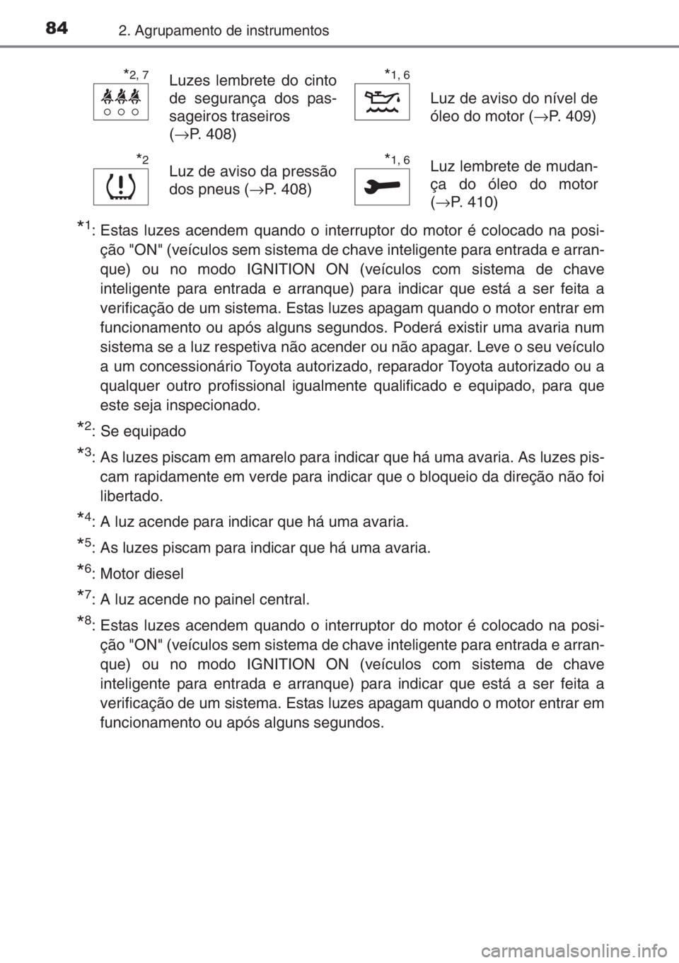 TOYOTA YARIS 2015 Manual de utilização (in Portuguese) 842. Agrupamento de instrumentos
*1: Estas luzes acendem quando o interruptor do motor é colocado na posi-
ção "ON" (veículos sem sistema de chave inteligente para entrada e arran-
que) ou TOYOTA YARIS 2015 Manual de utilização (in Portuguese) 842. Agrupamento de instrumentos
*1: Estas luzes acendem quando o interruptor do motor é colocado na posi-
ção "ON" (veículos sem sistema de chave inteligente para entrada e arran-
que) ou