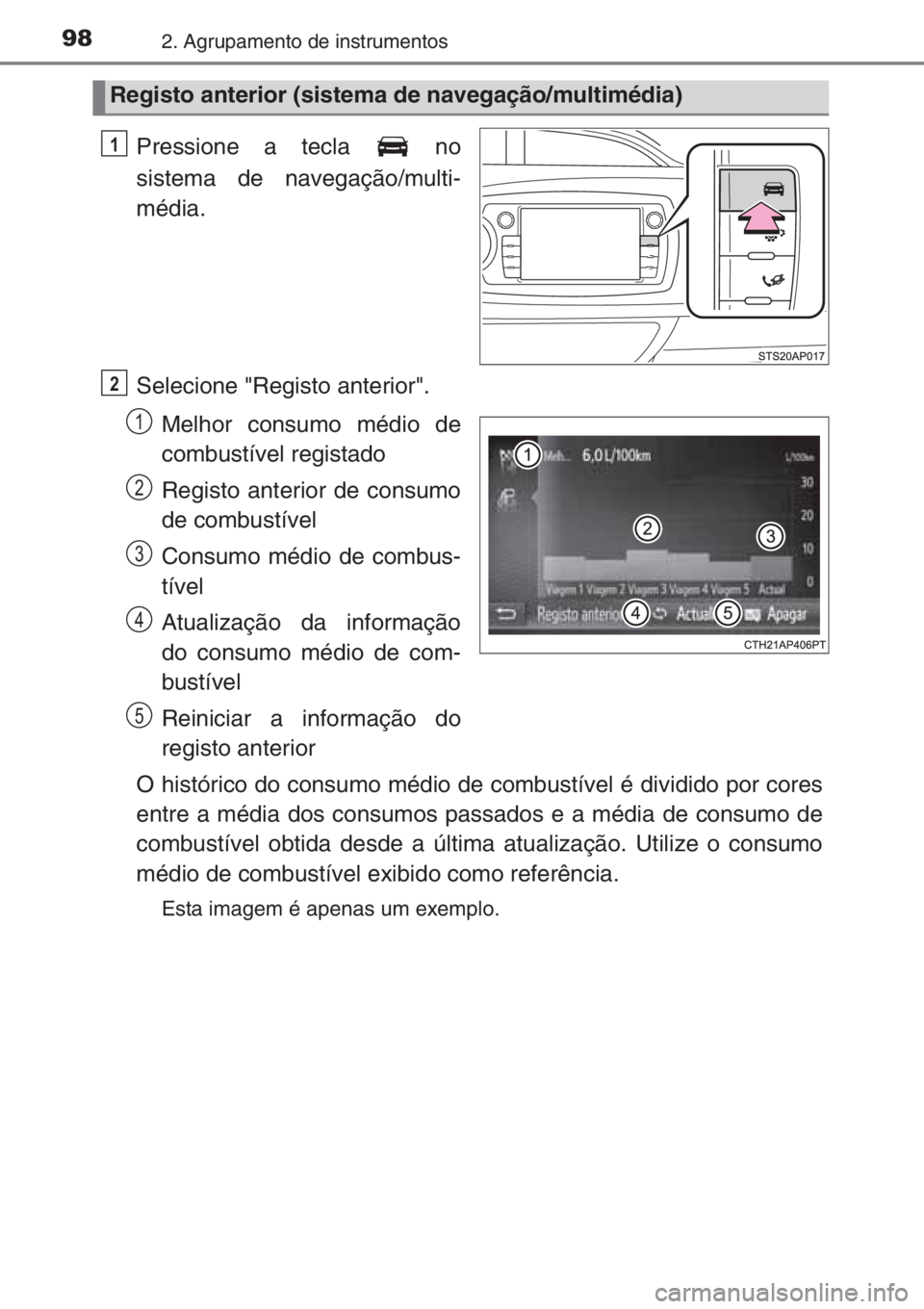 TOYOTA YARIS 2015  Manual de utilização (in Portuguese) 982. Agrupamento de instrumentos
Pressione a tecla   no
sistema de navegação/multi-
média.
Selecione "Registo anterior".
Melhor consumo médio de
combustível registado
Registo anterior de 