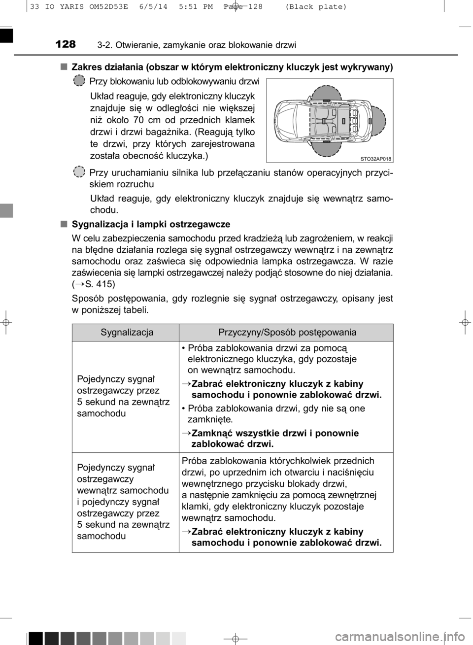 TOYOTA YARIS 2015 Instrukcja obsługi (in Polish) Zakres dzia∏ania (obszar w którym elektroniczny kluczyk jest wykrywany)
Przy blokowaniu lub odblokowywaniu drzwi
Uk∏ad reaguje, gdy elektroniczny kluczyk
znajduje si´ w odleg∏oÊci nie wi TOYOTA YARIS 2015 Instrukcja obsługi (in Polish) Zakres dzia∏ania (obszar w którym elektroniczny kluczyk jest wykrywany)
Przy blokowaniu lub odblokowywaniu drzwi
Uk∏ad reaguje, gdy elektroniczny kluczyk
znajduje si´ w odleg∏oÊci nie wi