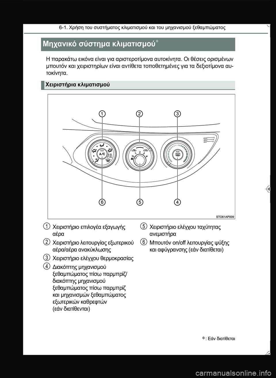 TOYOTA YARIS 2015  ΟΔΗΓΌΣ ΧΡΉΣΗΣ (in Greek) 6-1. Χρήση του συστήματος κλιματισμού και του μηχανισμού ξεθαμπώματος
Μηχανικό σύστημα κλιματισμού∗
Η παρακά