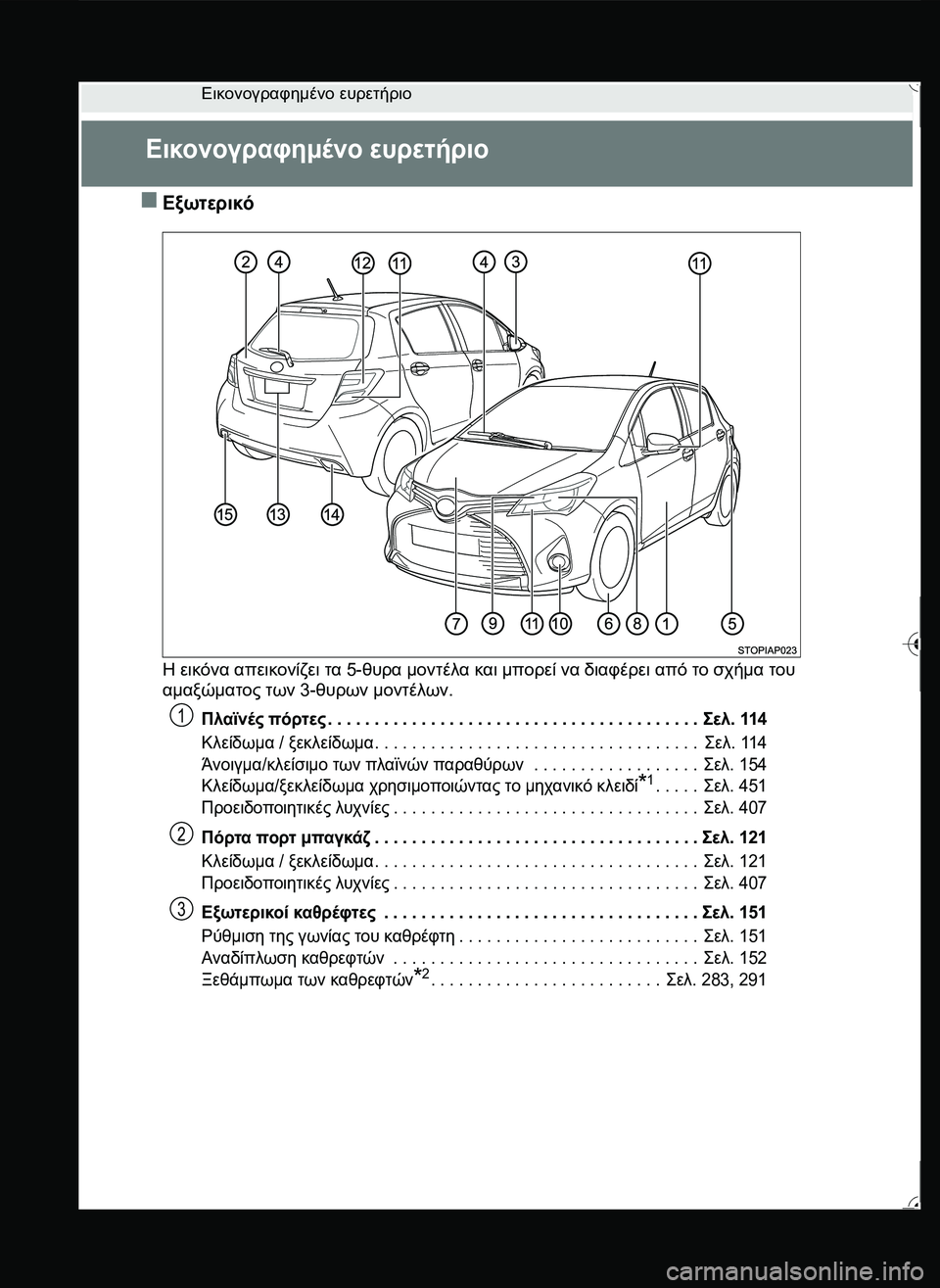 TOYOTA YARIS 2015 ΟΔΗΓΌΣ ΧΡΉΣΗΣ (in Greek) Εικονογραφημένο ευρετήριο
Εικονογραφημένο ευρετήριο
Εξωτερικό
Η εικόνα απεικονίζει τα 5-θυρα μοντέλα και TOYOTA YARIS 2015 ΟΔΗΓΌΣ ΧΡΉΣΗΣ (in Greek) Εικονογραφημένο ευρετήριο
Εικονογραφημένο ευρετήριο
Εξωτερικό
Η εικόνα απεικονίζει τα 5-θυρα μοντέλα και