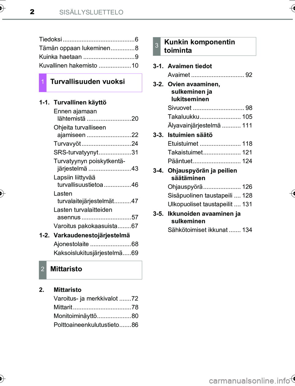 TOYOTA YARIS 2016 Omistajan Käsikirja (in Finnish) SISÄLLYSLUETTELO2
OM52G04FITiedoksi ..........................................6
Tämän oppaan lukeminen ..............8
Kuinka haetaan ..............................9
Kuvallinen hakemisto .......... TOYOTA YARIS 2016 Omistajan Käsikirja (in Finnish) SISÄLLYSLUETTELO2
OM52G04FITiedoksi ..........................................6
Tämän oppaan lukeminen ..............8
Kuinka haetaan ..............................9
Kuvallinen hakemisto ..........