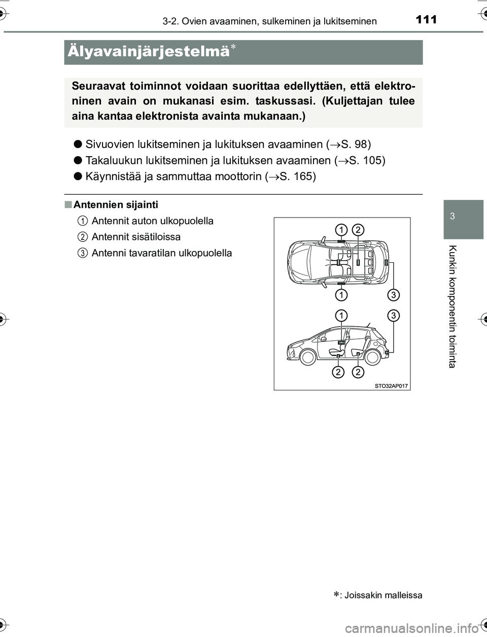 TOYOTA YARIS 2016  Omistajan Käsikirja (in Finnish) 111
3
3-2. Ovien avaaminen, sulkeminen ja lukitseminen
Kunkin komponentin toiminta
OM52G04FI
Älyavainjärjestelmä
lSivuovien lukitseminen ja lukituksen avaaminen ( S. 98)
l Takaluukun lukitsem