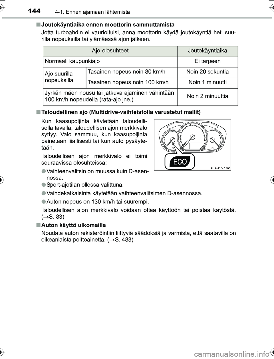 TOYOTA YARIS 2016  Omistajan Käsikirja (in Finnish) 1444-1. Ennen ajamaan lähtemistä
OM52G04FIn
Joutokäyntiaika ennen m oottorin sammuttamista
Jotta turboahdin ei vaurioituisi, anna moottorin käydä joutokäyntiä heti suu-
rilla nopeuksilla tai yl