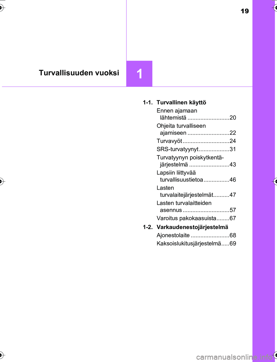 TOYOTA YARIS 2016  Omistajan Käsikirja (in Finnish) 19
1Turvallisuuden vuoksi
OM52G04FI1-1. Turvallinen käyttö
Ennen ajamaan lähtemistä .......................... 20
Ohjeita turvalliseen  ajamiseen .......................... 22
Turvavyöt .........
