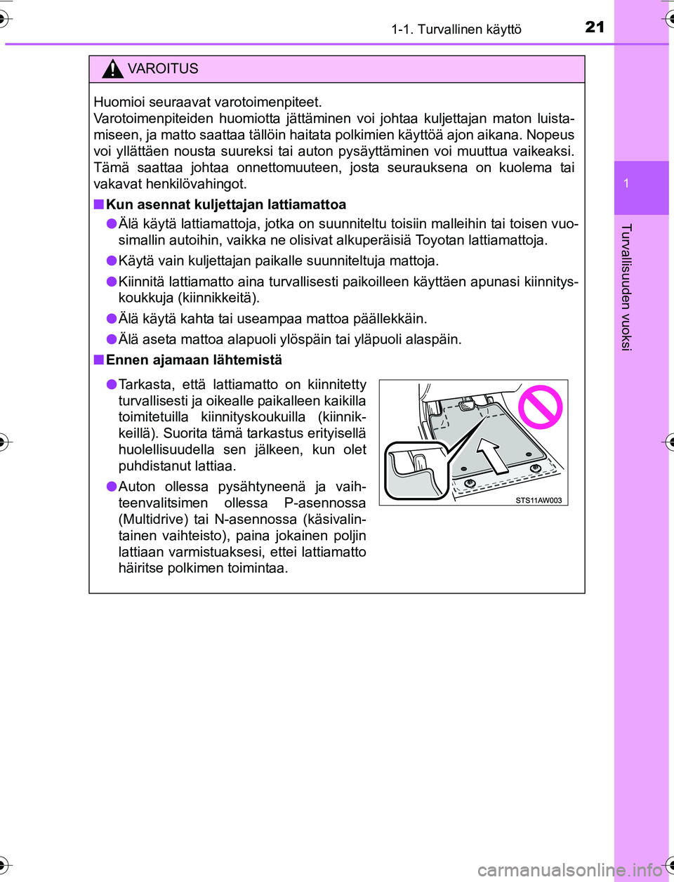 TOYOTA YARIS 2016  Omistajan Käsikirja (in Finnish) 211-1. Turvallinen käyttö
1
Turvallisuuden vuoksi
OM52G04FI
VAROITUS
Huomioi seuraavat varotoimenpiteet. 
Varotoimenpiteiden huomiotta jättäminen voi johtaa kuljettajan maton luista-
miseen, ja ma
