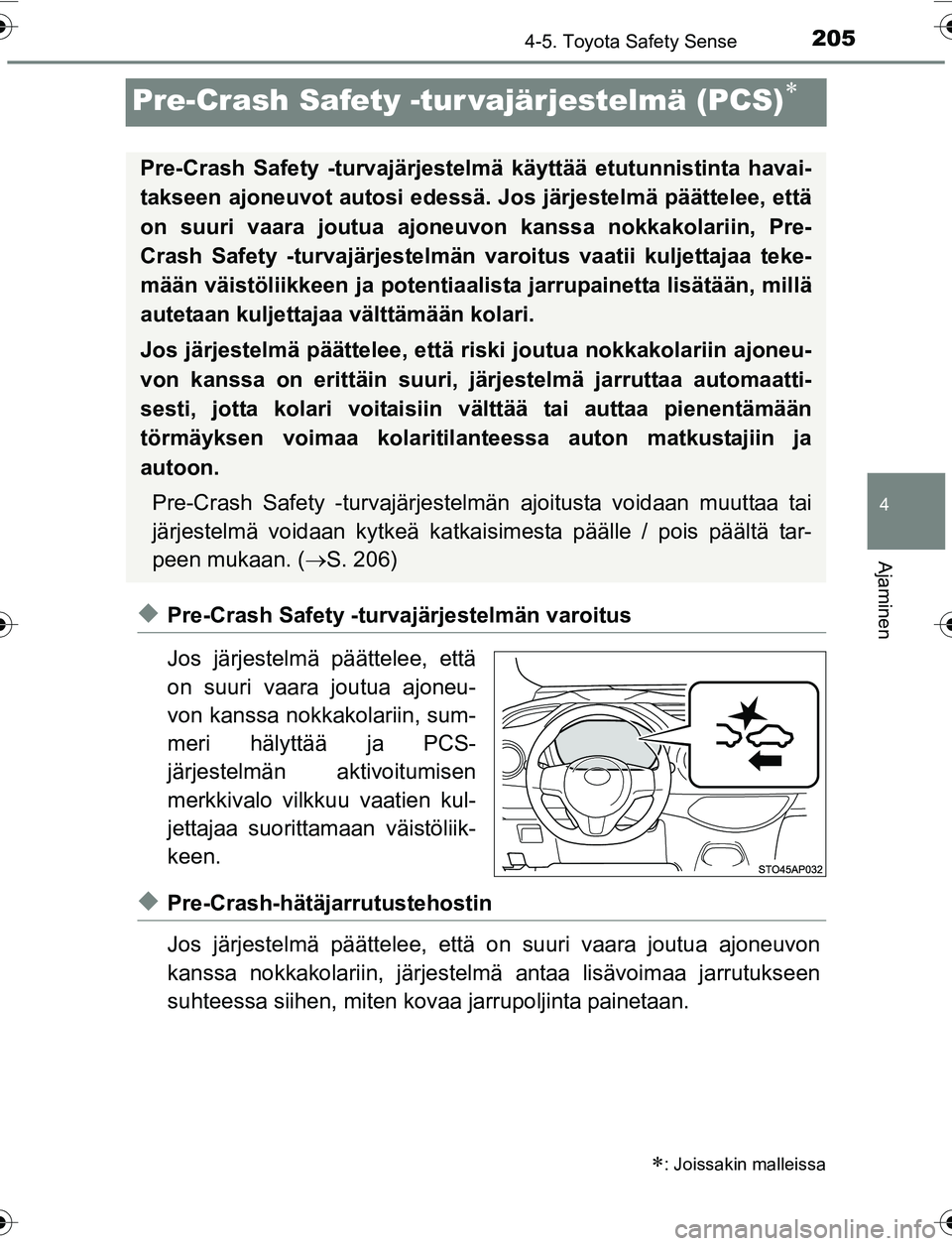 TOYOTA YARIS 2016 Omistajan Käsikirja (in Finnish) 205
4
4-5. Toyota Safety Sense
Ajaminen
OM52G04FI
Pre-Crash Safety -tur vajärjestelmä (PCS)
uPre-Crash Safety -turvajärjestelmän varoitus
Jos järjestelmä päättelee, että
on suuri vaara jou TOYOTA YARIS 2016 Omistajan Käsikirja (in Finnish) 205
4
4-5. Toyota Safety Sense
Ajaminen
OM52G04FI
Pre-Crash Safety -tur vajärjestelmä (PCS)
uPre-Crash Safety -turvajärjestelmän varoitus
Jos järjestelmä päättelee, että
on suuri vaara jou