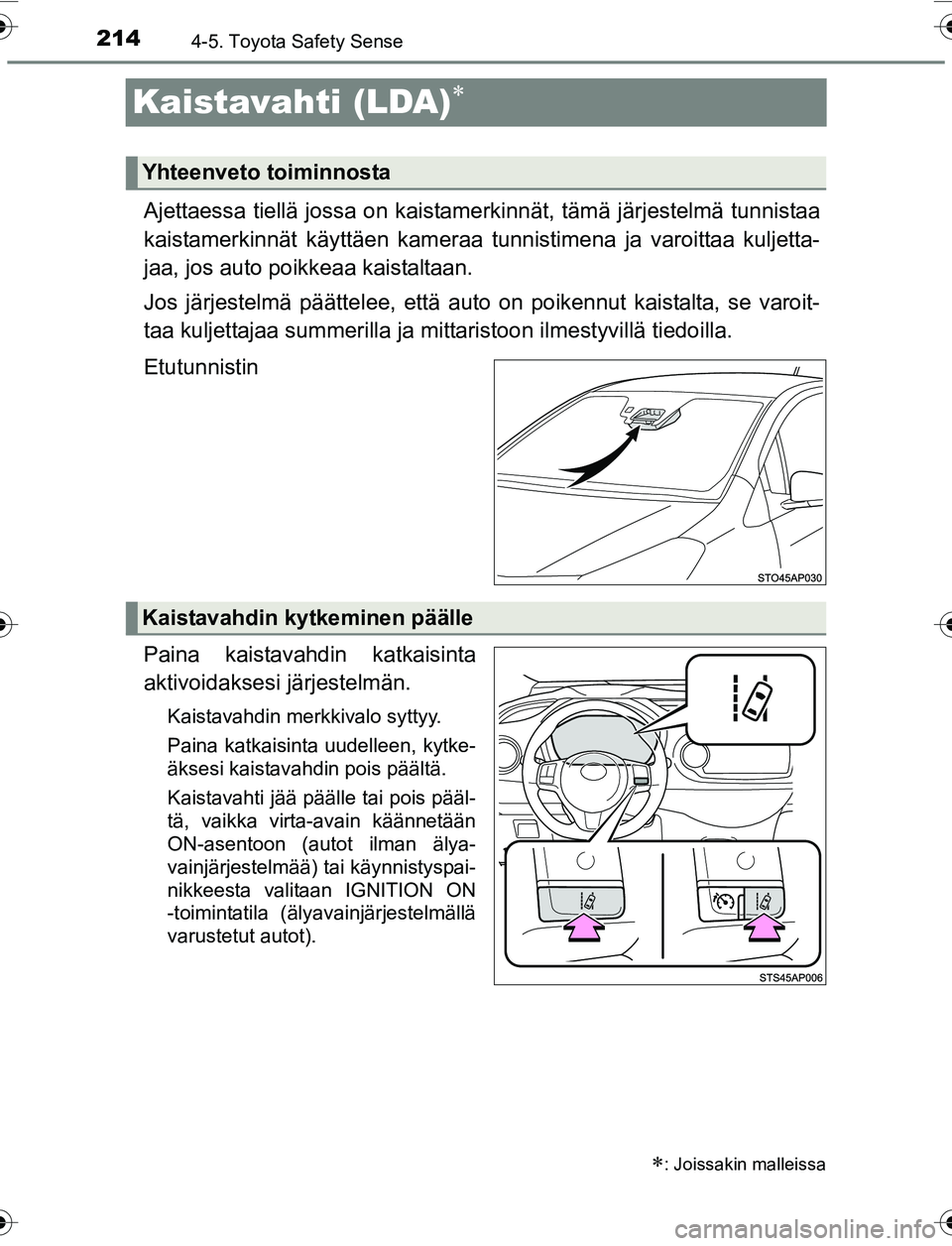 TOYOTA YARIS 2016  Omistajan Käsikirja (in Finnish) 2144-5. Toyota Safety Sense
OM52G04FI
Kaistavahti (LDA)
Ajettaessa tiellä jossa on kaistamerkinnät, tämä järjestelmä tunnistaa
kaistamerkinnät käyttäen kameraa tunnistimena ja varoittaa ku