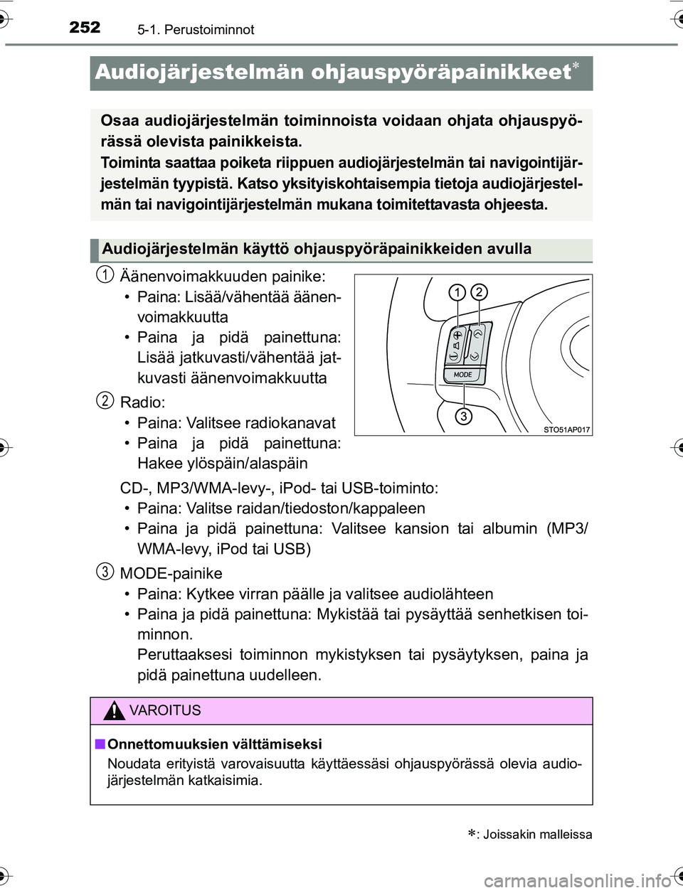 TOYOTA YARIS 2016  Omistajan Käsikirja (in Finnish) 2525-1. Perustoiminnot
OM52G04FI
Audiojärjestelmän ohjauspyöräpainikkeet
Äänenvoimakkuuden painike:• Paina: Lisää/vähentää äänen- voimakkuutta
• Paina ja pidä painettuna: Lisää 