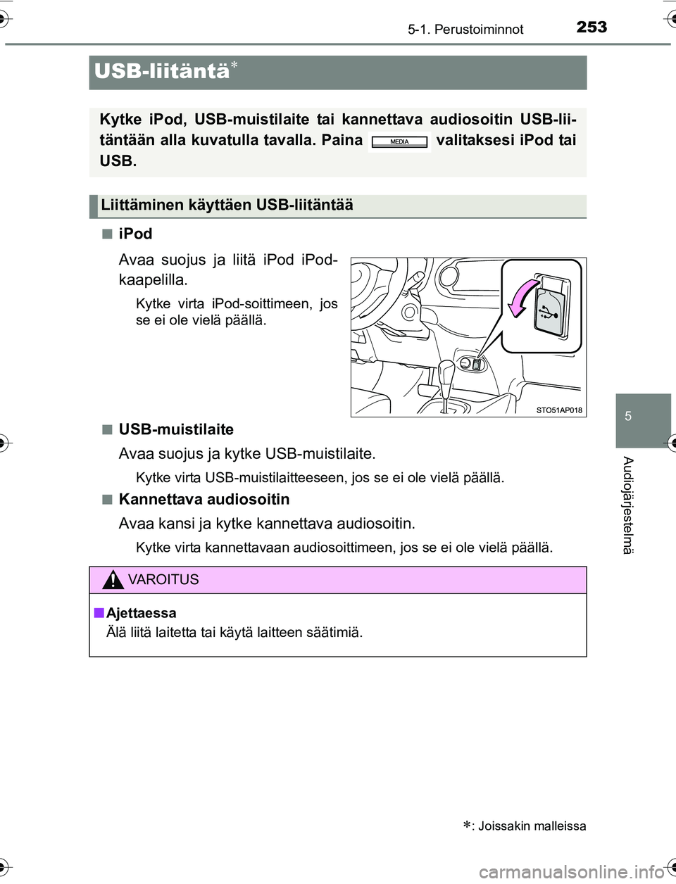 TOYOTA YARIS 2016  Omistajan Käsikirja (in Finnish) 253
5
5-1. Perustoiminnot
Audiojärjestelmä
OM52G04FI
USB-liitäntä
niPod
Avaa suojus ja liitä iPod iPod-
kaapelilla.
Kytke virta iPod-soittimeen, jos
se ei ole vielä päällä.
n
USB-muistilai
