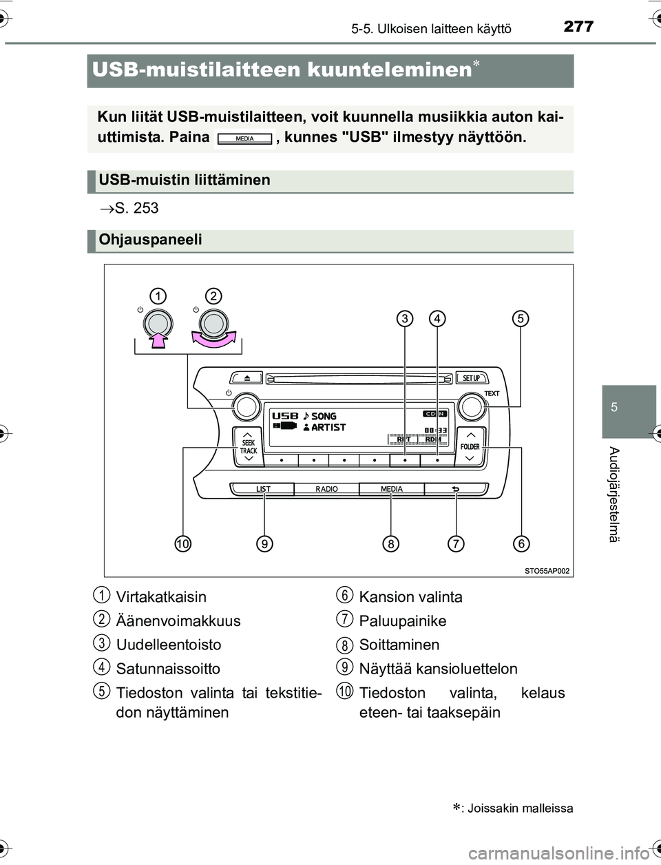 TOYOTA YARIS 2016  Omistajan Käsikirja (in Finnish) 277
5
5-5. Ulkoisen laitteen käyttö
Audiojärjestelmä
OM52G04FI
USB-muistilaitteen kuunteleminen
S. 253
: Joissakin malleissa
Kun liität USB-muisti laitteen, voit kuunnell a musiikkia aut