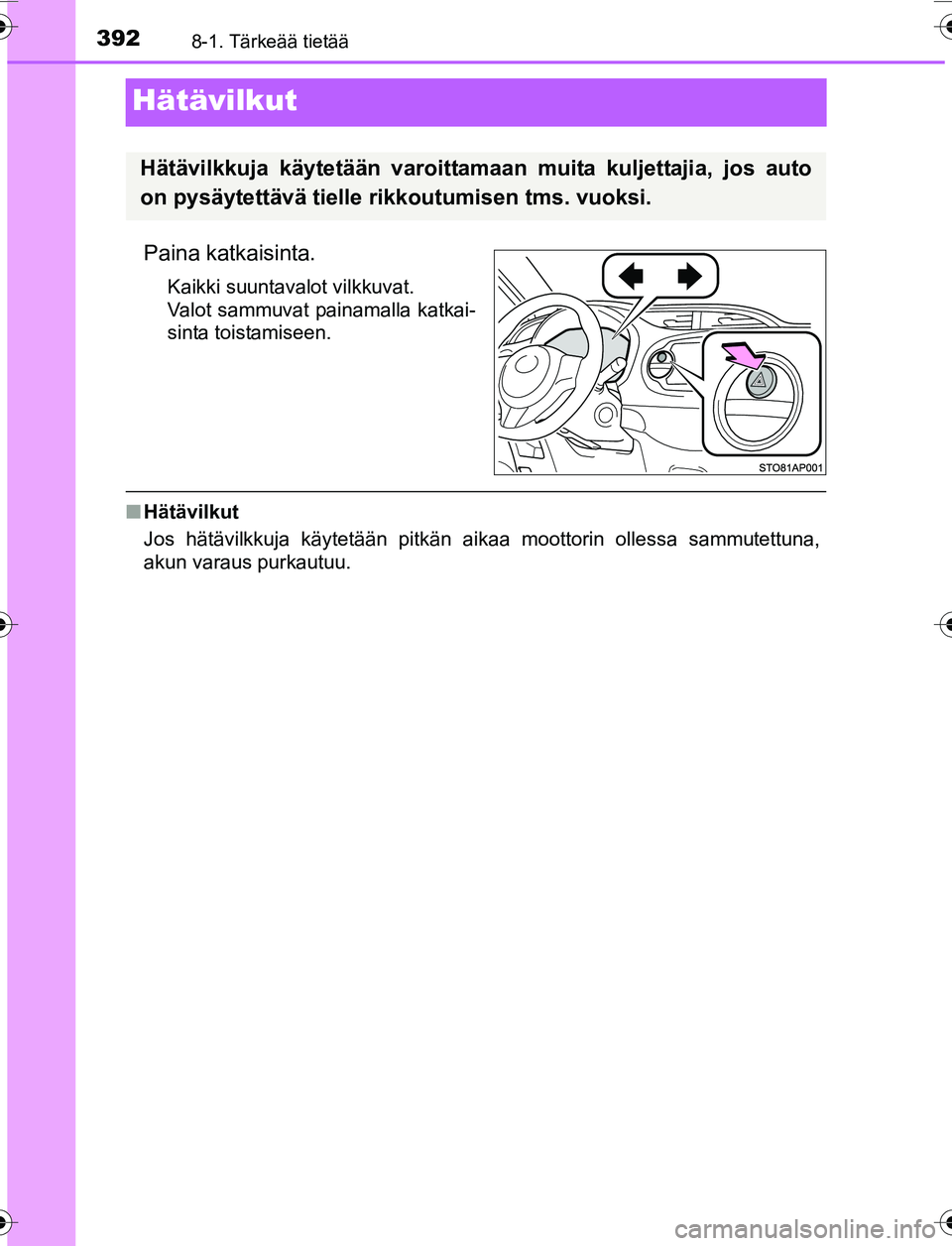 TOYOTA YARIS 2016  Omistajan Käsikirja (in Finnish) 3928-1. Tärkeää tietää
OM52G04FI
Hätävilkut
Paina katkaisinta.
Kaikki suuntavalot vilkkuvat.
Valot sammuvat painamalla katkai-
sinta toistamiseen.
nHätävilkut
Jos hätävilkkuja käytetään 