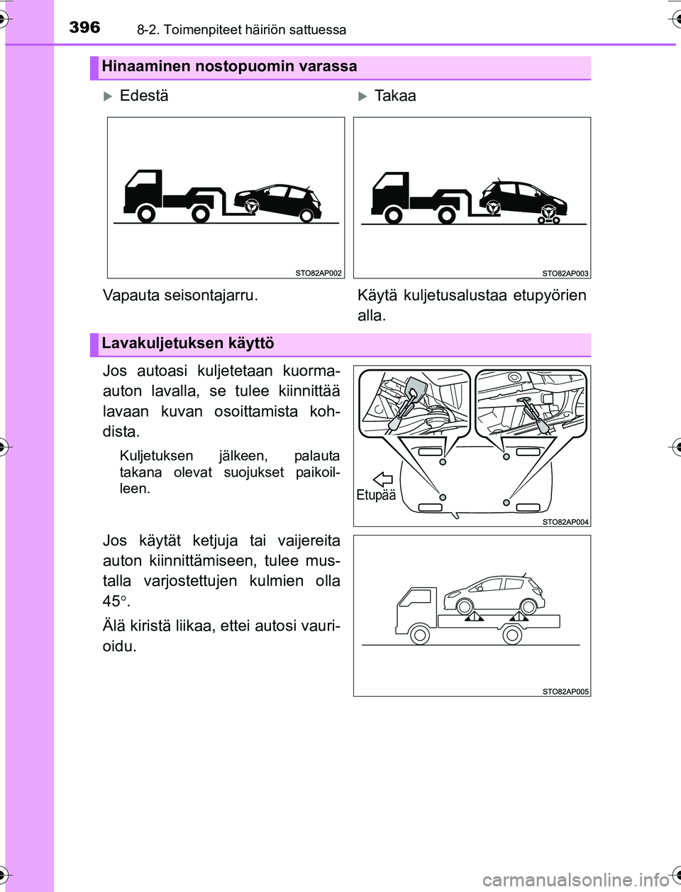 TOYOTA YARIS 2016  Omistajan Käsikirja (in Finnish) 3968-2. Toimenpiteet häiriön sattuessa
OM52G04FI
Jos autoasi kuljetetaan kuorma-
auton lavalla, se tulee kiinnittää
lavaan kuvan osoittamista koh-
dista.
Kuljetuksen jälkeen, palauta
takana oleva