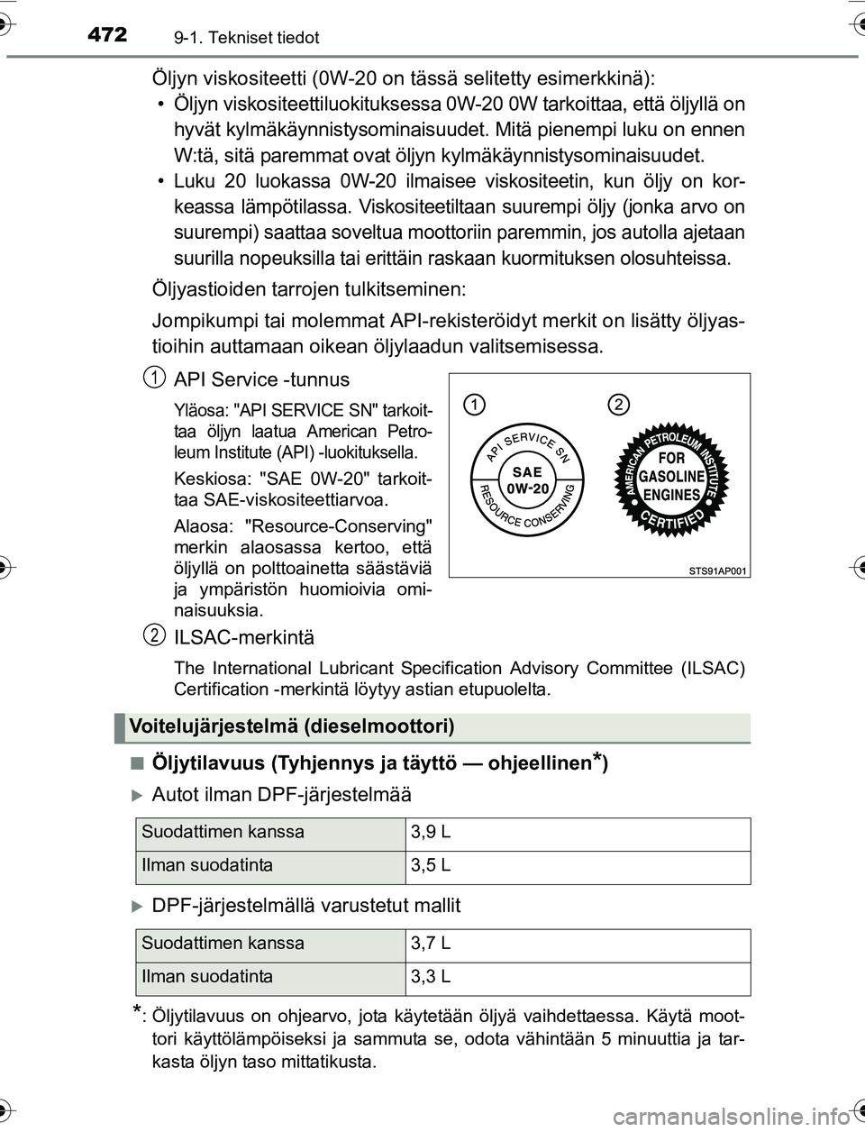 TOYOTA YARIS 2016 Omistajan Käsikirja (in Finnish) 4729-1. Tekniset tiedot
OM52G04FI
Öljyn viskositeetti (0W-20 on tässä selitetty esimerkkinä):
• Öljyn viskositeettiluokituksessa 0W-20 0W tarkoittaa, että öljyllä on hyvät kylmäkäynnistys TOYOTA YARIS 2016 Omistajan Käsikirja (in Finnish) 4729-1. Tekniset tiedot
OM52G04FI
Öljyn viskositeetti (0W-20 on tässä selitetty esimerkkinä):
• Öljyn viskositeettiluokituksessa 0W-20 0W tarkoittaa, että öljyllä on hyvät kylmäkäynnistys