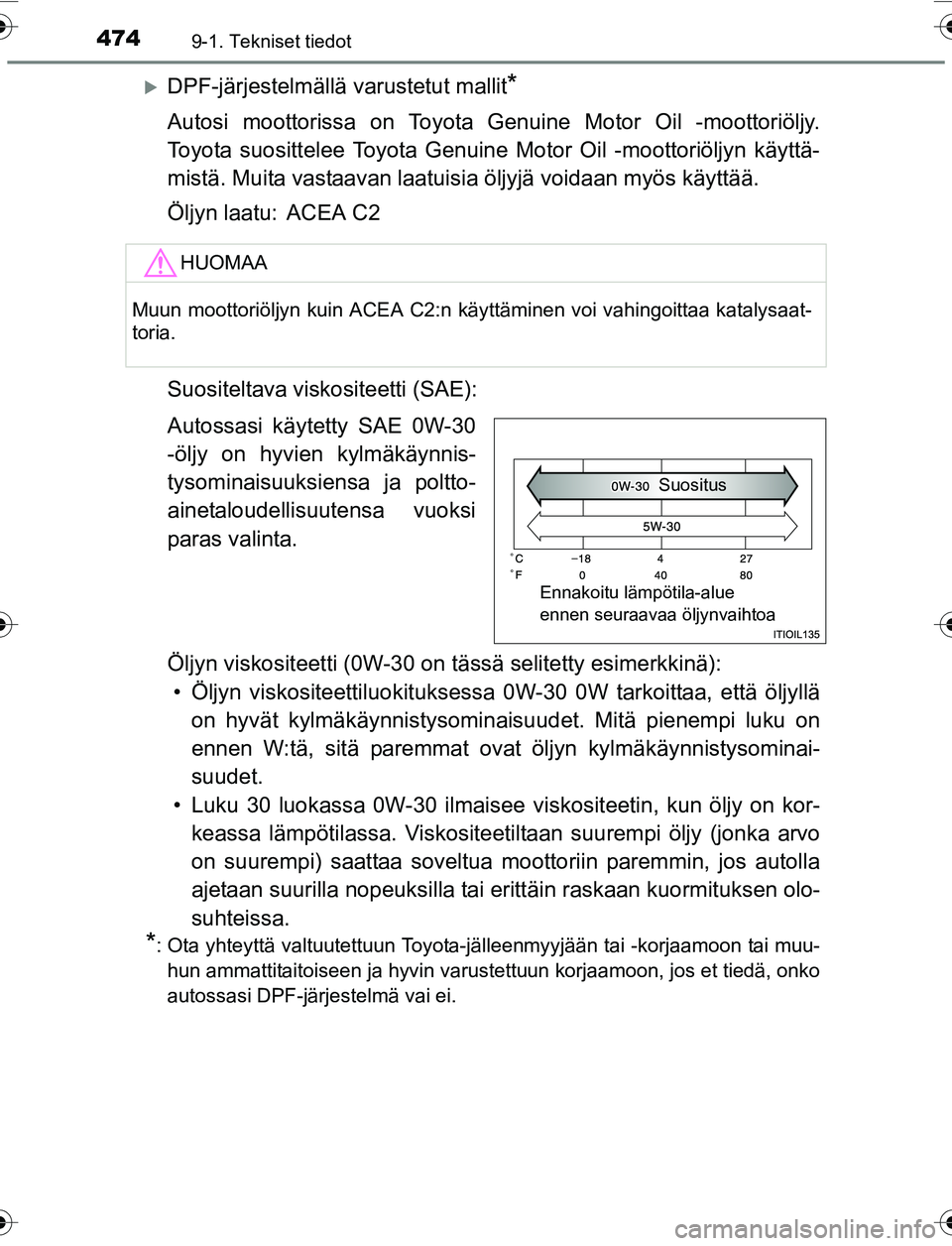 TOYOTA YARIS 2016 Omistajan Käsikirja (in Finnish) 4749-1. Tekniset tiedot
OM52G04FI
DPF-järjestelmällä varustetut mallit*
Autosi moottorissa on Toyota Genuine Motor Oil -moottoriöljy.
Toyota suosittelee Toyota Genuine Motor Oil -moottoriöljyn TOYOTA YARIS 2016 Omistajan Käsikirja (in Finnish) 4749-1. Tekniset tiedot
OM52G04FI
DPF-järjestelmällä varustetut mallit*
Autosi moottorissa on Toyota Genuine Motor Oil -moottoriöljy.
Toyota suosittelee Toyota Genuine Motor Oil -moottoriöljyn