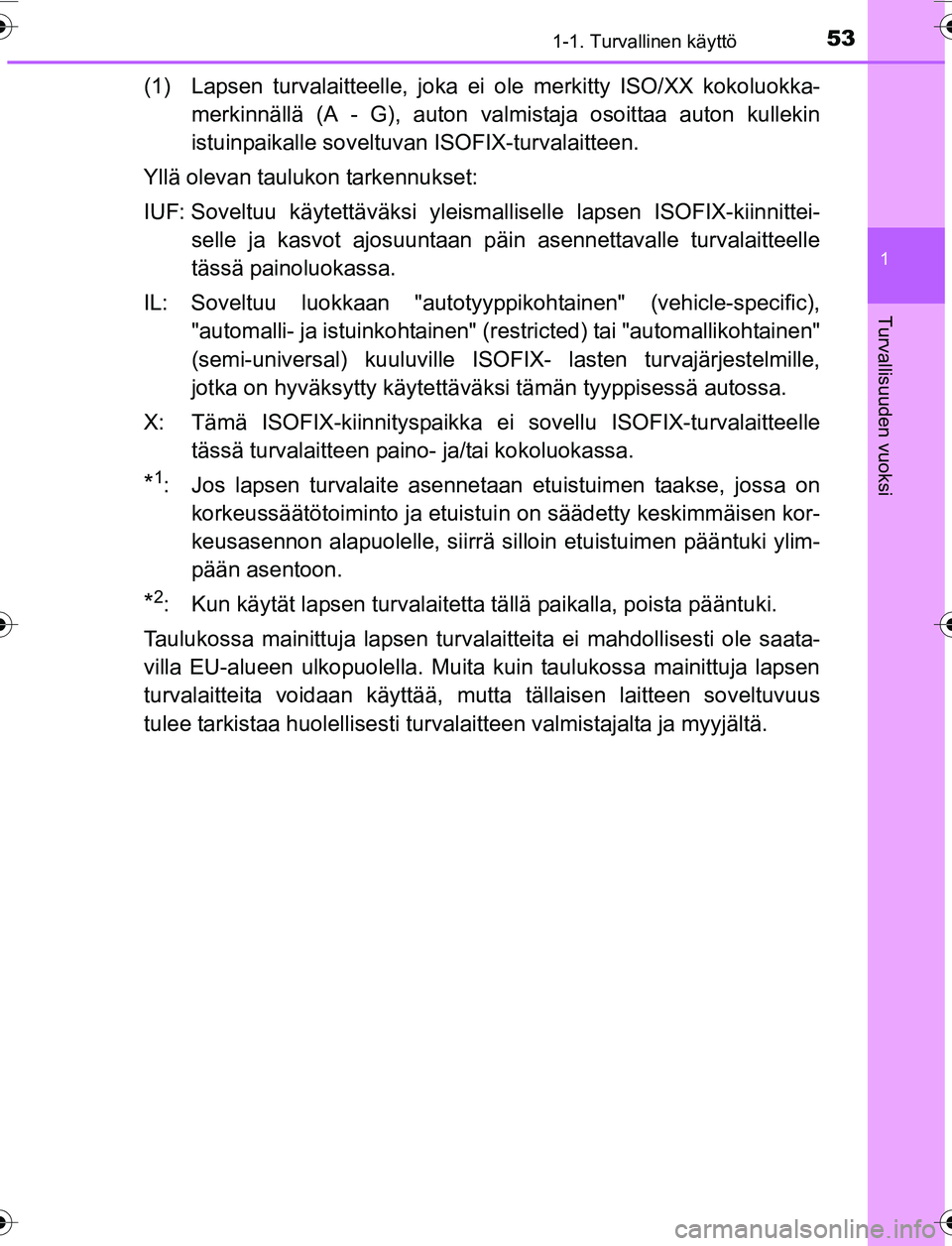 TOYOTA YARIS 2016  Omistajan Käsikirja (in Finnish) 531-1. Turvallinen käyttö
1
Turvallisuuden vuoksi
OM52G04FI
(1) Lapsen turvalaitteelle, joka ei ole merkitty ISO/XX kokoluokka-
merkinnällä (A - G), auton valmistaja osoittaa auton kullekin
istuin