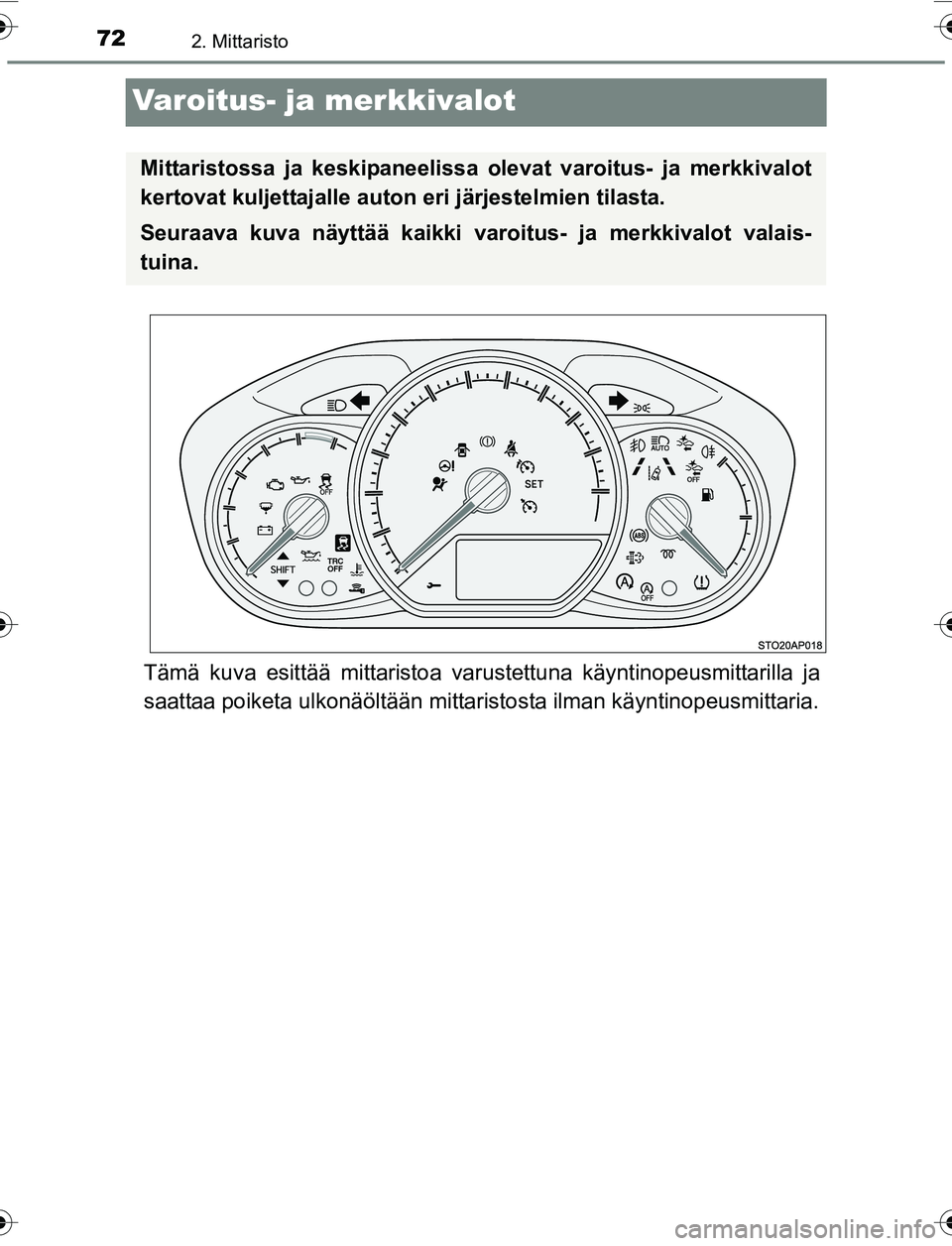 TOYOTA YARIS 2016  Omistajan Käsikirja (in Finnish) 722. Mittaristo
OM52G04FI
Varoitus- ja merkkivalot
Tämä kuva esittää mittaristoa varustettuna käyntinopeusmittarilla ja
saattaa poiketa ulkonäöltään mittaristosta ilman käyntinopeusmittaria.