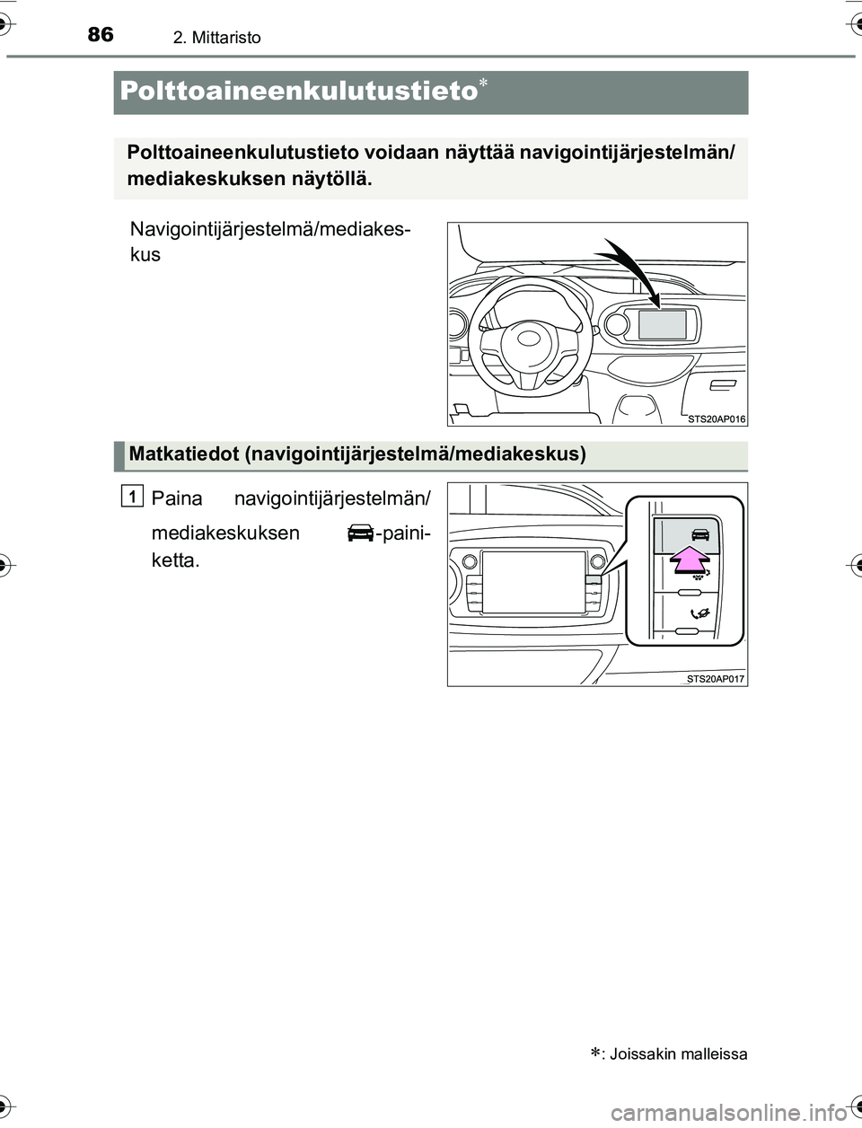 TOYOTA YARIS 2016  Omistajan Käsikirja (in Finnish) 862. Mittaristo
OM52G04FI
Polttoaineenkulutustieto
Navigointijärjestelmä/mediakes-
kusPaina navigointijärjestelmän/
mediakeskuksen -paini-
ketta.
: Joissakin malleissa
Polttoaineenkulutustie