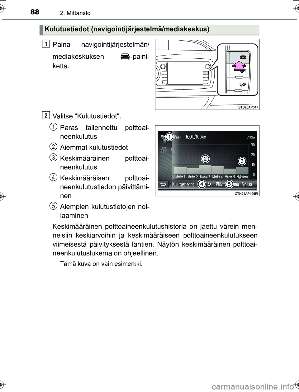 TOYOTA YARIS 2016  Omistajan Käsikirja (in Finnish) 882. Mittaristo
OM52G04FI
Paina navigointijärjestelmän/
mediakeskuksen -paini-
ketta.
Valitse "Kulutustiedot".Paras tallennettu polttoai-
neenkulutus
Aiemmat kulutustiedot
Keskimääräinen polttoai
