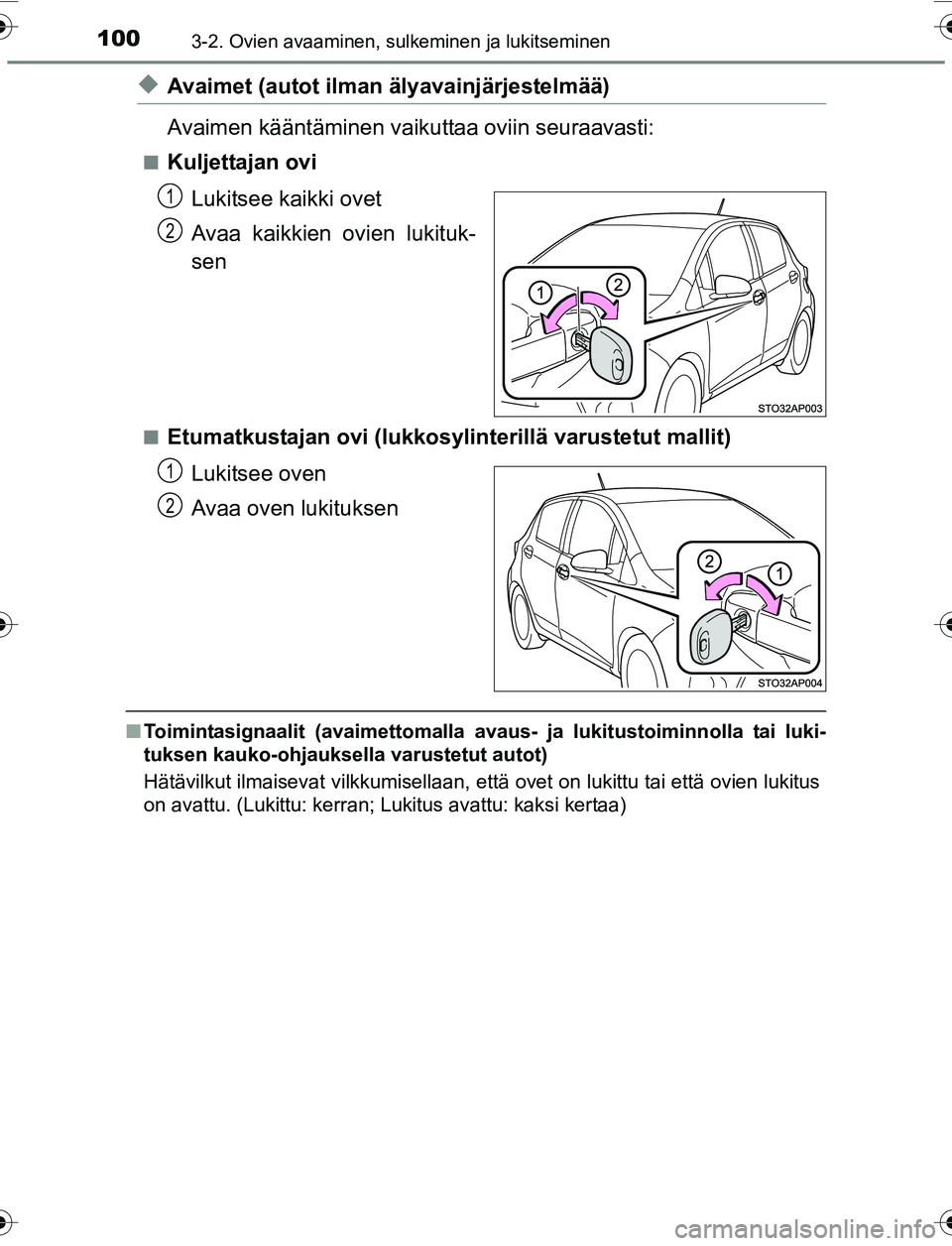 TOYOTA YARIS 2016  Omistajan Käsikirja (in Finnish) 1003-2. Ovien avaaminen, sulkeminen ja lukitseminen
OM52G04FI
uAvaimet (autot ilman älyavainjärjestelmää)
Avaimen kääntäminen vaikuttaa oviin seuraavasti:
nKuljettajan ovi
Lukitsee kaikki ovet
