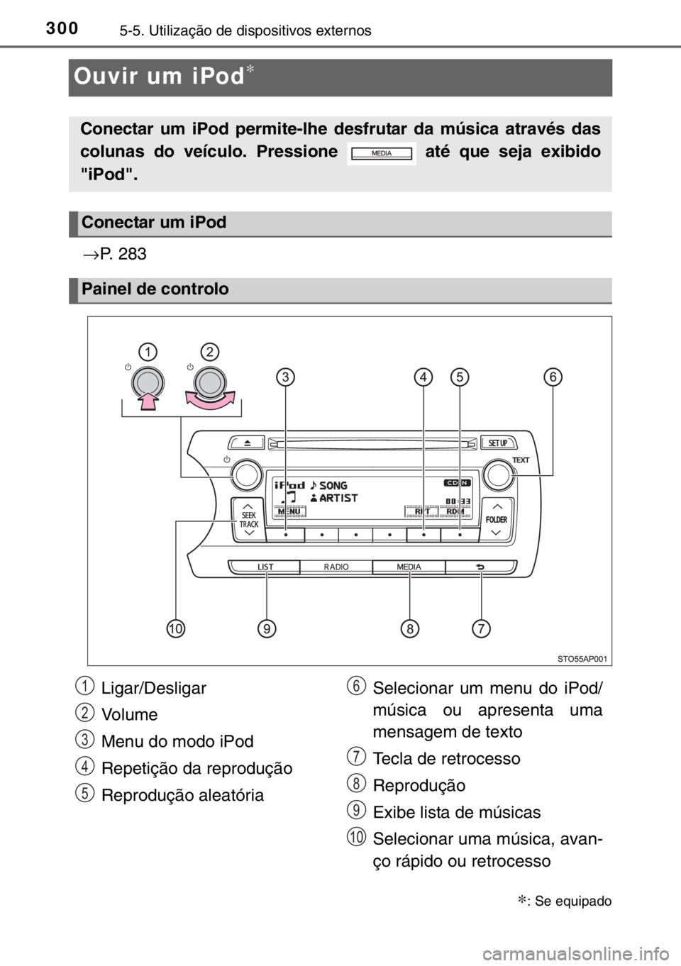 TOYOTA YARIS 2017  Manual de utilização (in Portuguese) 3005-5. Utilização de dispositivos externos
Ouvir um iPod∗
→P. 283
∗: Se equipado
Conectar um iPod permite-lhe desfrutar da música através das
colunas do veículo. Pressione   até que seja 