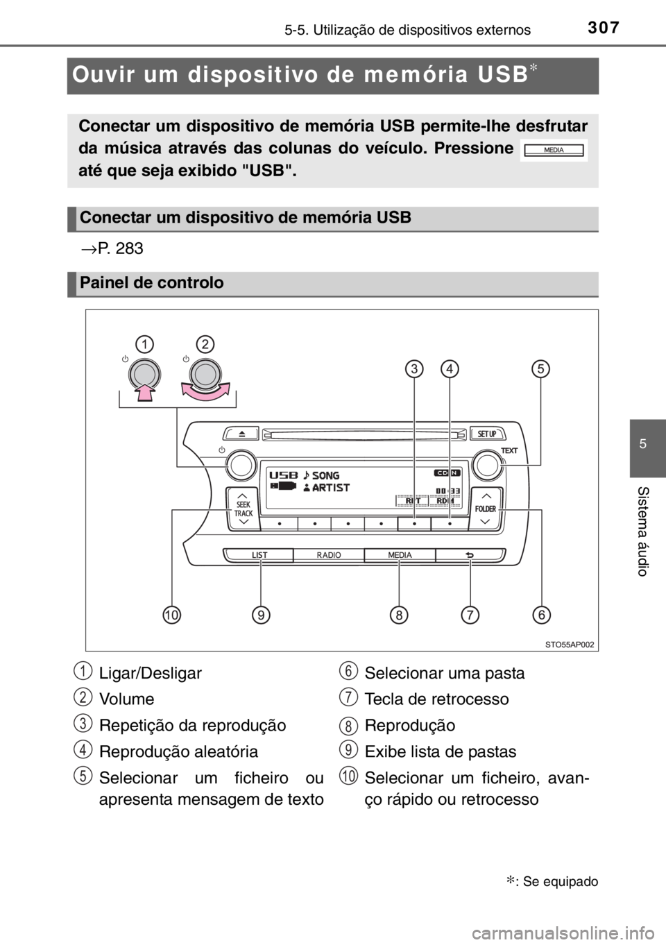 TOYOTA YARIS 2017  Manual de utilização (in Portuguese) 307
5
5-5. Utilização de dispositivos externos
Sistema áudio
Ouvir um dispositivo de memória USB∗
→P. 283
∗: Se equipado
Conectar um dispositivo de memória USB permite-lhe desfrutar
da mús