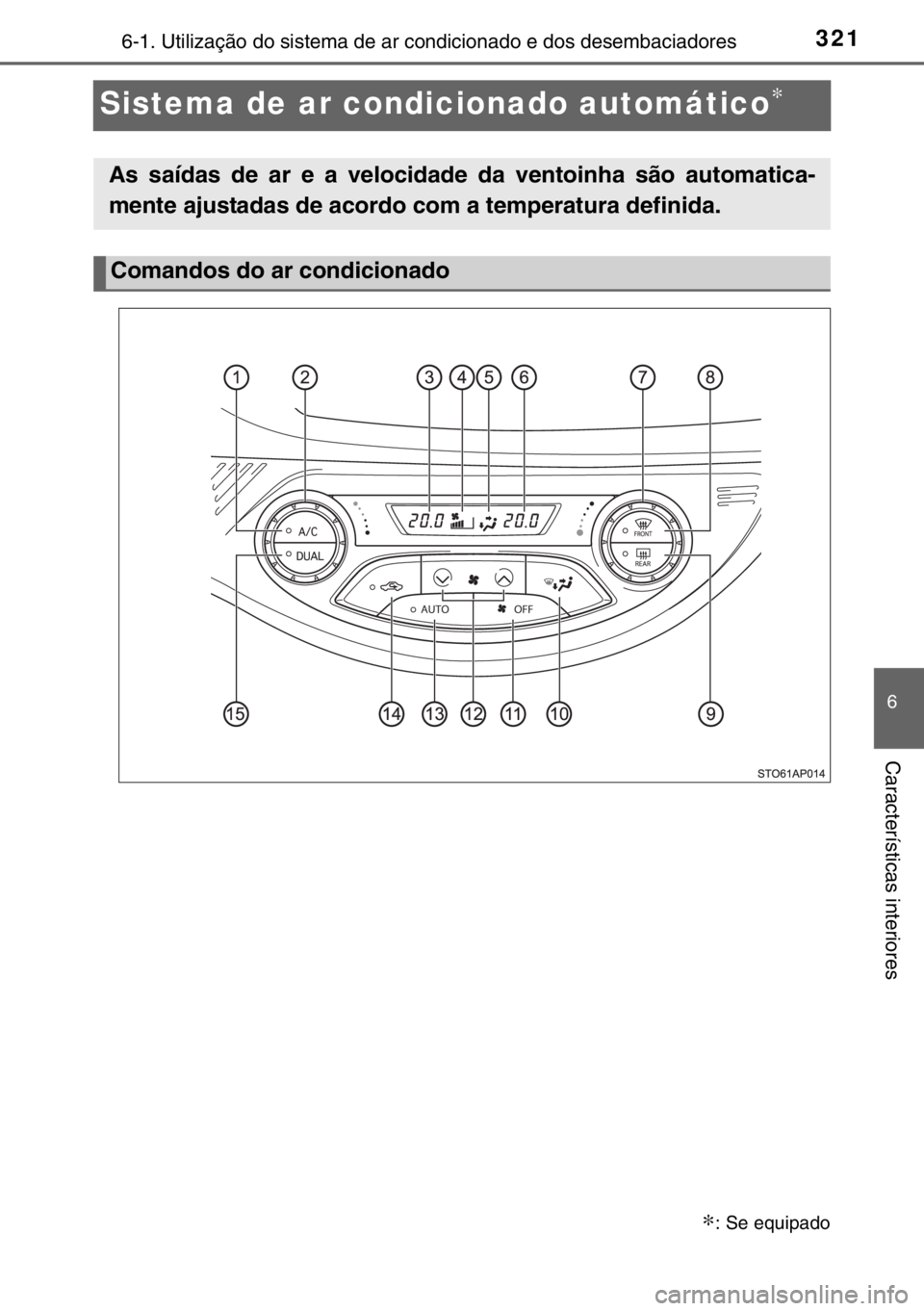 TOYOTA YARIS 2017  Manual de utilização (in Portuguese) 3216-1. Utilização do sistema de ar condicionado e dos desembaciadores
6
Características interiores
Sistema de ar condicionado automático∗
∗: Se equipado
As saídas de ar e a velocidade da ven