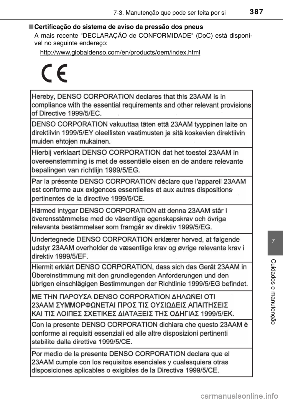 TOYOTA YARIS 2017  Manual de utilização (in Portuguese) 3877-3. Manutenção que pode ser feita por si
7
Cuidados e manutenção
■Certificação do sistema de aviso da pressão dos pneus
A mais recente "DECLARAÇÃO de CONFORMIDADE" (DoC) está d