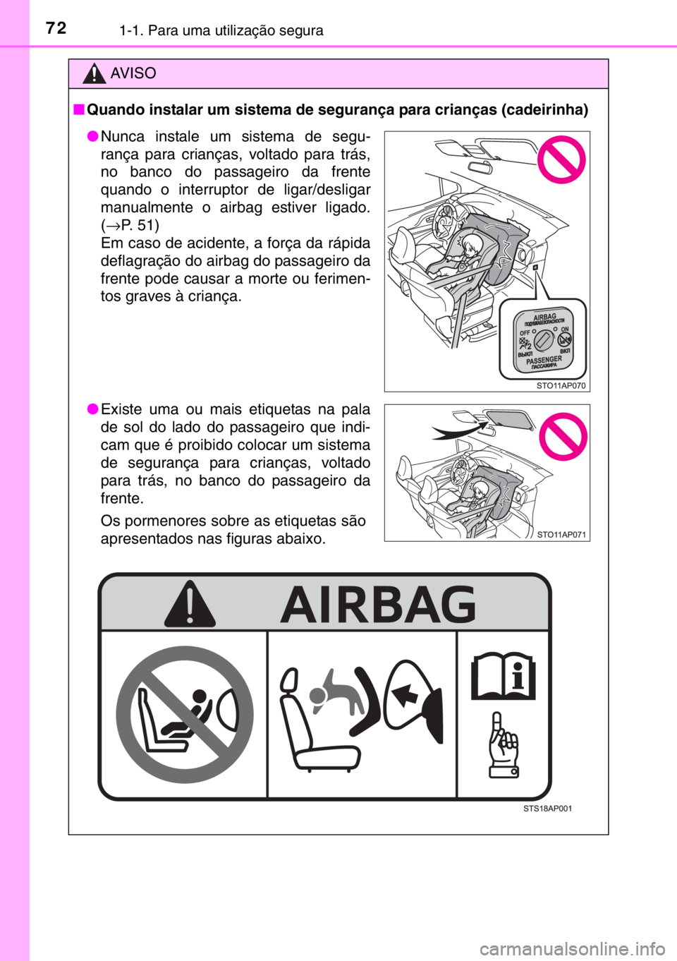 TOYOTA YARIS 2017  Manual de utilização (in Portuguese) 721-1. Para uma utilização segura
AV I S O
■Quando instalar um sistema de segurança para crianças (cadeirinha)
●Nunca instale um sistema de segu-
rança para crianças, voltado para trás,
no 