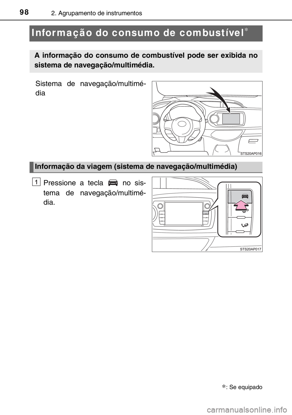 TOYOTA YARIS 2017  Manual de utilização (in Portuguese) 982. Agrupamento de instrumentos
Infor mação do consumo de combustível∗
Sistema de navegação/multimé-
dia
Pressione a tecla   no sis-
tema de navegação/multimé-
dia.
∗: Se equipado
A info