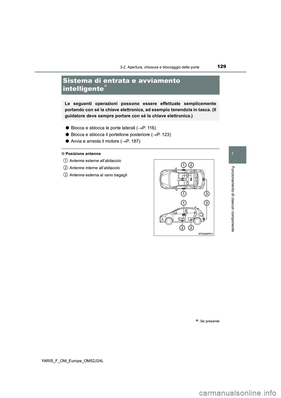 TOYOTA YARIS 2017  Manuale duso (in Italian) 129
3
3-2. Apertura, chiusura e bloccaggio delle porte
Funzionamento di ciascun componente
YARIS_F_OM_Europe_OM52J24L
Sistema di entrata e avviamento  
intelligente
● Blocca e sblocca le porte la