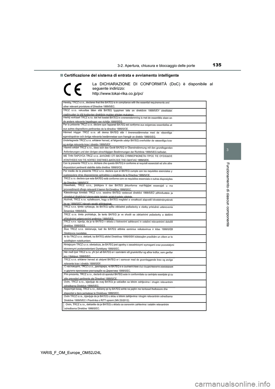 TOYOTA YARIS 2017  Manuale duso (in Italian) 1353-2. Apertura, chiusura e bloccaggio delle porte
3
Funzionamento di ciascun componente
YARIS_F_OM_Europe_OM52J24L 
■ Certificazione del sistema di entrata e avviamento intelligente
La DICHIARAZIO