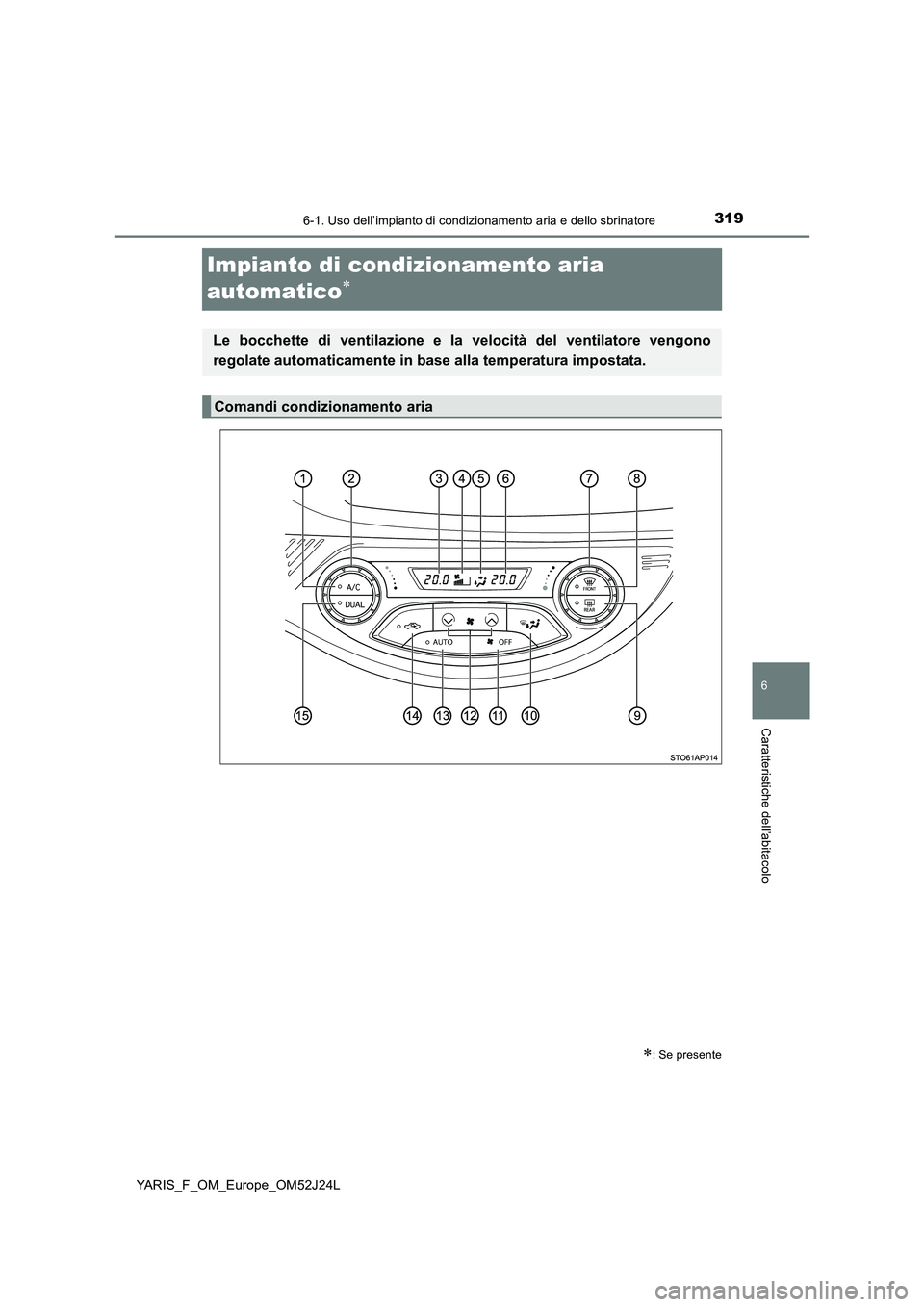 TOYOTA YARIS 2017  Manuale duso (in Italian) 3196-1. Uso dell’impianto di condizionamento aria e dello sbrinatore
6
Caratteristiche dell’abitacolo
YARIS_F_OM_Europe_OM52J24L
Impianto di condizionamento aria  
automatico
: Se presente
L