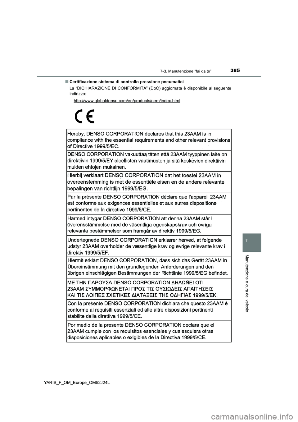 TOYOTA YARIS 2017  Manuale duso (in Italian) 3857-3. Manutenzione “fai da te”
7
Manutenzione e cura del veicolo
YARIS_F_OM_Europe_OM52J24L 
■ Certificazione sistema di controllo pressione pneumatici 
La “DICHIARAZIONE DI CONFORMITÀ” (