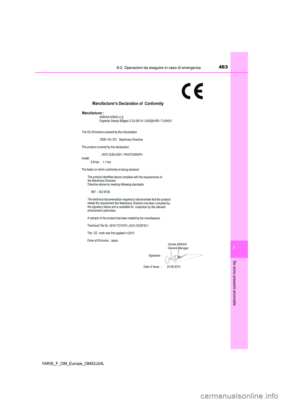 TOYOTA YARIS 2017  Manuale duso (in Italian) 4638-2. Operazioni da eseguire in caso di emergenza
8
Se sono presenti anomalie
YARIS_F_OM_Europe_OM52J24L 