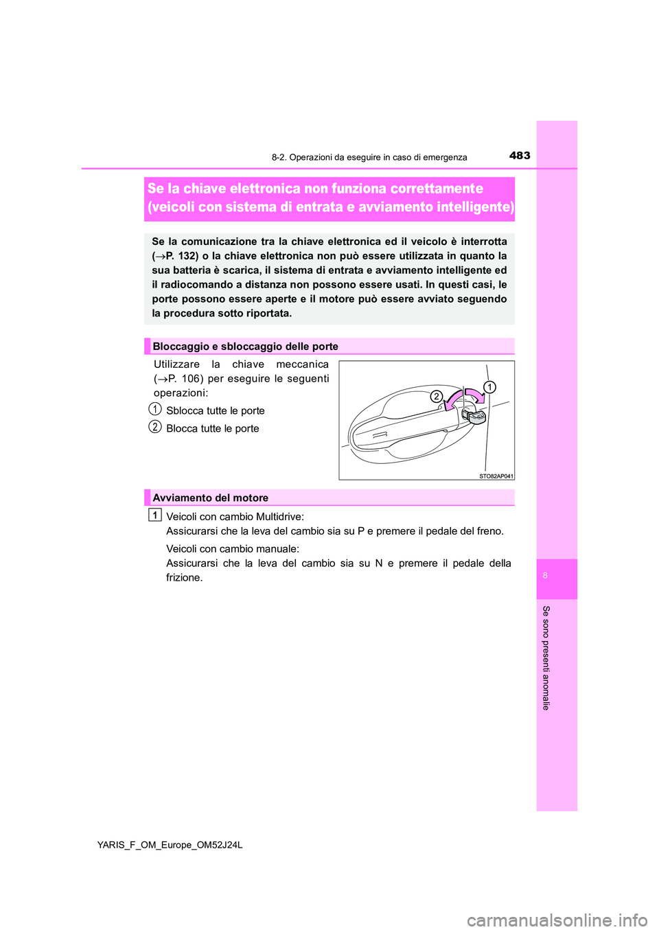 TOYOTA YARIS 2017 Manuale duso (in Italian) 4838-2. Operazioni da eseguire in caso di emergenza
8
Se sono presenti anomalie
YARIS_F_OM_Europe_OM52J24L
Se la chiave elettronica non funziona correttamente
(veicoli con sistema di entrata e avvia TOYOTA YARIS 2017 Manuale duso (in Italian) 4838-2. Operazioni da eseguire in caso di emergenza
8
Se sono presenti anomalie
YARIS_F_OM_Europe_OM52J24L
Se la chiave elettronica non funziona correttamente
(veicoli con sistema di entrata e avvia