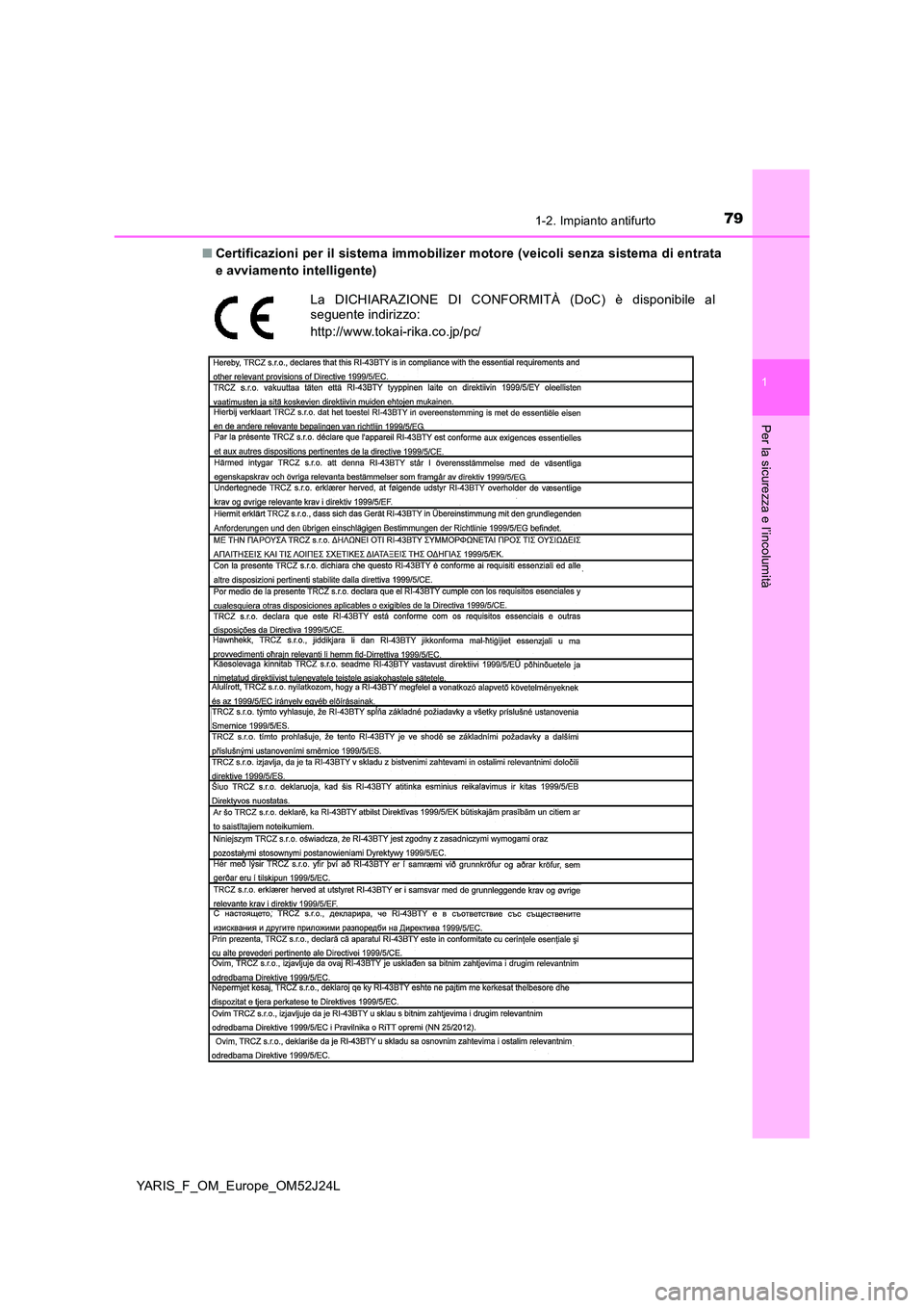 TOYOTA YARIS 2017  Manuale duso (in Italian) 791-2. Impianto antifurto
1
Per la sicurezza e l’incolumità
YARIS_F_OM_Europe_OM52J24L 
■ Certificazioni per il sistema immobilizer motore (veicoli senza sistema di entrata 
e avviamento intellig