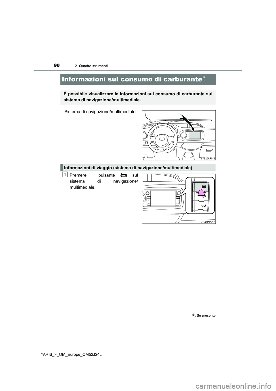 TOYOTA YARIS 2017  Manuale duso (in Italian) 982. Quadro strumenti
YARIS_F_OM_Europe_OM52J24L
Informazioni sul consumo di carburante
Sistema di navigazione/multimediale 
Premere il pulsante   sul 
sistema di navigazione/ 
multimediale.
: S