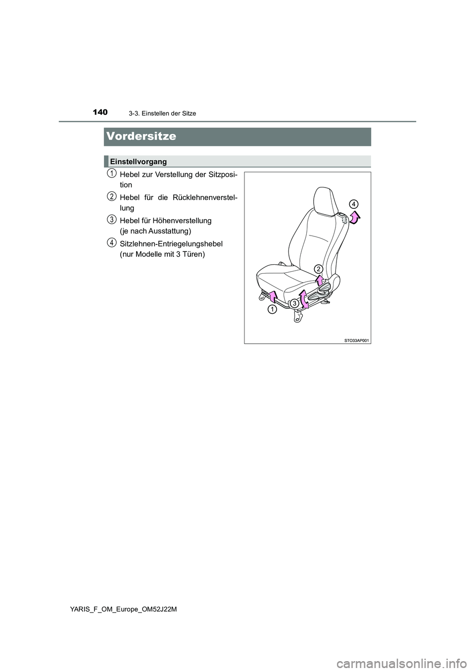 TOYOTA YARIS 2017  Betriebsanleitungen (in German) 1403-3. Einstellen der Sitze
YARIS_F_OM_Europe_OM52J22M
Vordersitze
Hebel zur Verstellung der Sitzposi- 
tion 
Hebel für die Rücklehnenverstel- 
lung 
Hebel für Höhenverstellung 
(je nach Ausstatt