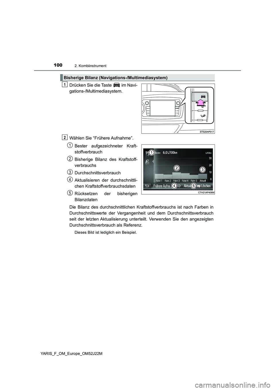 TOYOTA YARIS 2017  Betriebsanleitungen (in German) 1002. Kombiinstrument
YARIS_F_OM_Europe_OM52J22M
Drücken Sie die Taste   im Navi- 
gations-/Multimediasystem. 
Wählen Sie “Frühere Aufnahme”. 
Bester aufgezeichneter Kraft- 
stoffverbrauch 
Bis