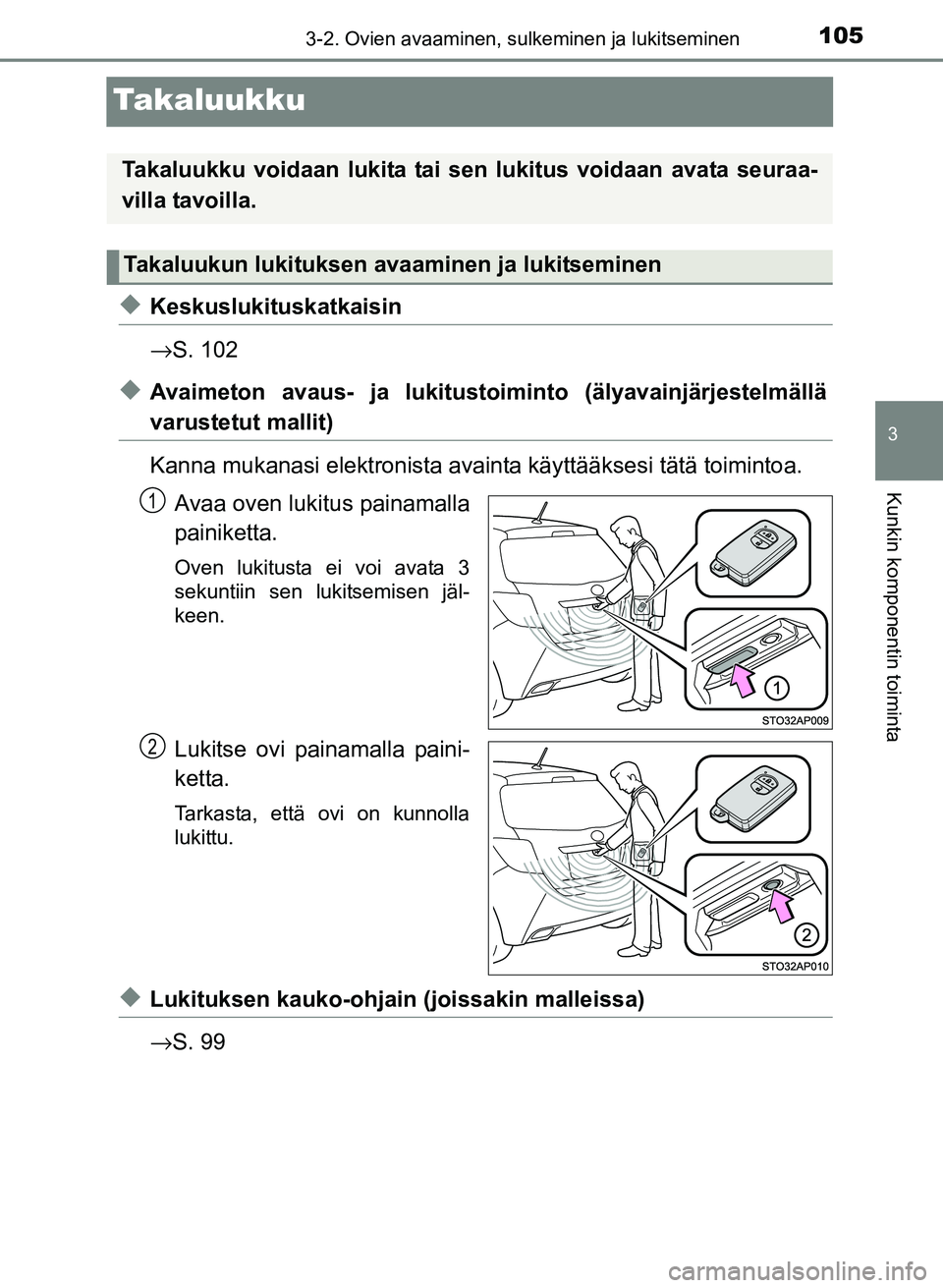 TOYOTA YARIS 2017  Omistajan Käsikirja (in Finnish) 105
3
3-2. Ovien avaaminen, sulkeminen ja lukitseminen
Kunkin komponentin toiminta
OM52J20FI
Takaluukku
uKeskuslukituskatkaisin
→S. 102
uAvaimeton avaus- ja lukitustoiminto (älyavainjärjestelmäll