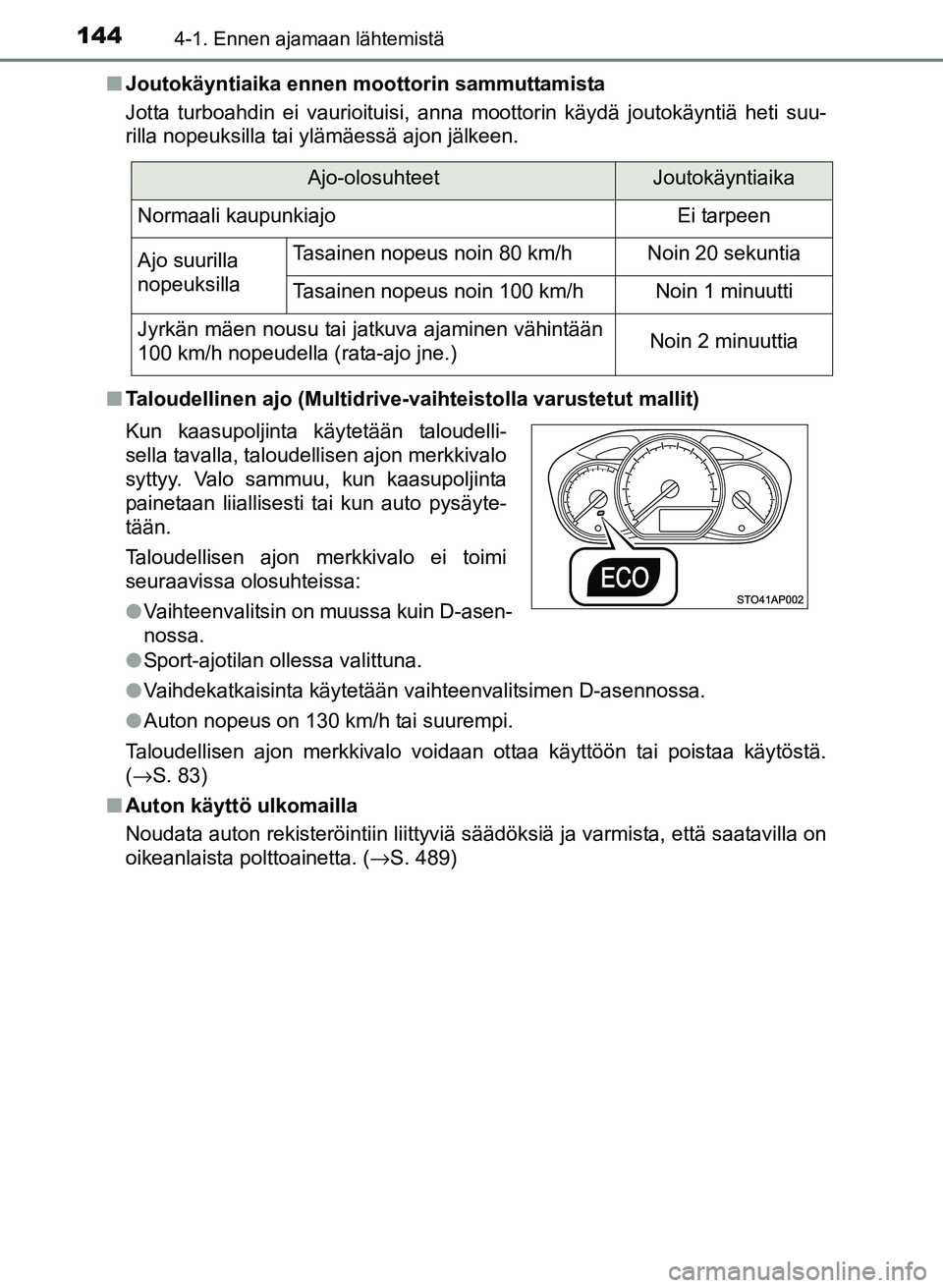 TOYOTA YARIS 2017  Omistajan Käsikirja (in Finnish) 1444-1. Ennen ajamaan lähtemistä
OM52J20FIn
Joutokäyntiaika ennen m oottorin sammuttamista
Jotta turboahdin ei vaurioituisi, anna moottorin käydä joutokäyntiä heti suu-
rilla nopeuksilla tai yl