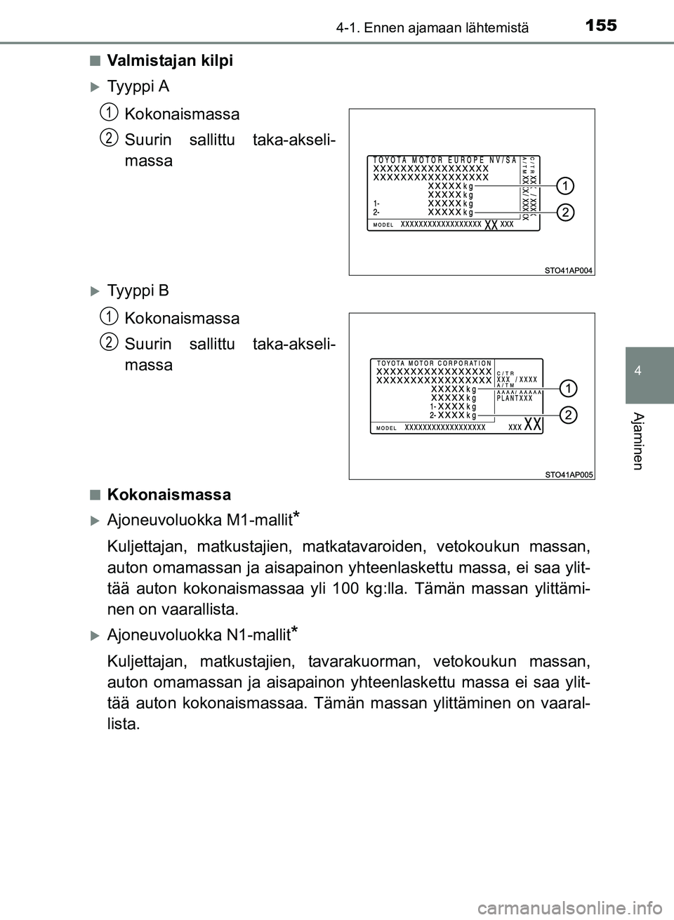 TOYOTA YARIS 2017  Omistajan Käsikirja (in Finnish) 1554-1. Ennen ajamaan lähtemistä
4
Ajaminen
OM52J20FIn
Valmistajan kilpi
Ty y p p i  A
Kokonaismassa
Suurin sallittu taka-akseli-
massa
Ty y p p i  BKokonaismassa
Suurin sallittu taka-akseli-
