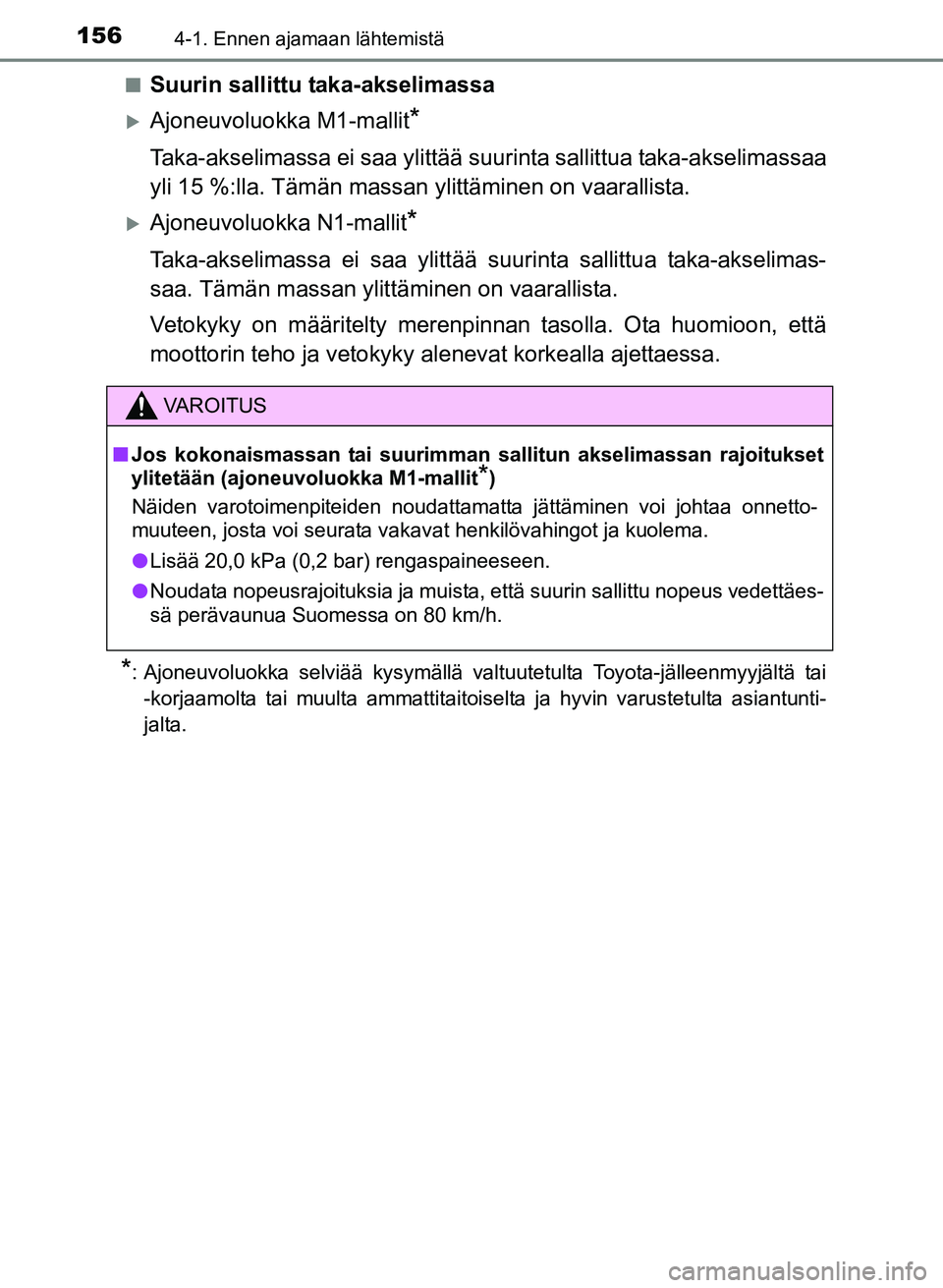 TOYOTA YARIS 2017  Omistajan Käsikirja (in Finnish) 1564-1. Ennen ajamaan lähtemistä
OM52J20FIn
Suurin sallittu taka-akselimassa
Ajoneuvoluokka M1-mallit*
Taka-akselimassa ei saa ylittää suurinta sallittua ta
ka-akselimassaa
yli 15 %:lla. Tämä