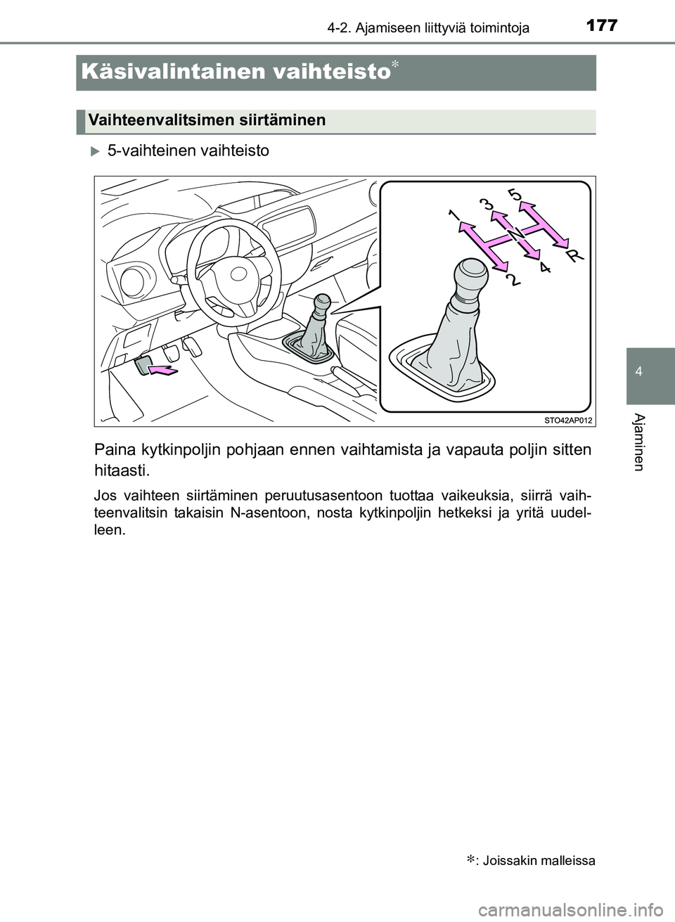 TOYOTA YARIS 2017  Omistajan Käsikirja (in Finnish) 177
4
4-2. Ajamiseen liittyviä toimintoja
Ajaminen
OM52J20FI
Käsivalintainen vaihteisto∗
5-vaihteinen vaihteisto
Paina kytkinpoljin pohjaan ennen vaih tamista ja vapauta poljin sitten
hitaasti.