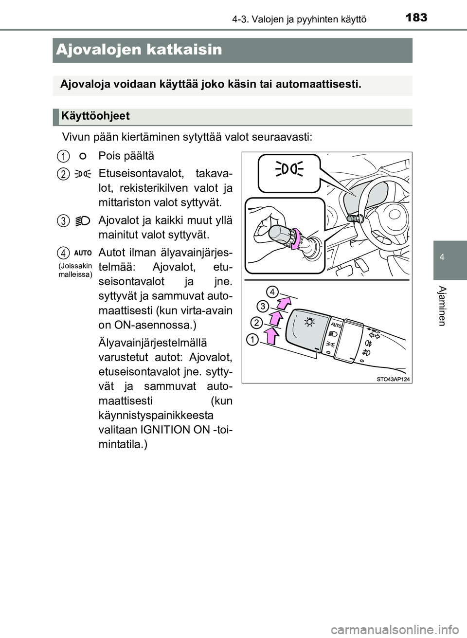TOYOTA YARIS 2017  Omistajan Käsikirja (in Finnish) 183
4
4-3. Valojen ja pyyhinten käyttö
Ajaminen
OM52J20FI
Ajovalojen katkaisin
Vivun pään kiertäminen sytyttää valot seuraavasti:Pois päältä
Etuseisontavalot, takava-
lot, rekisterikilven va
