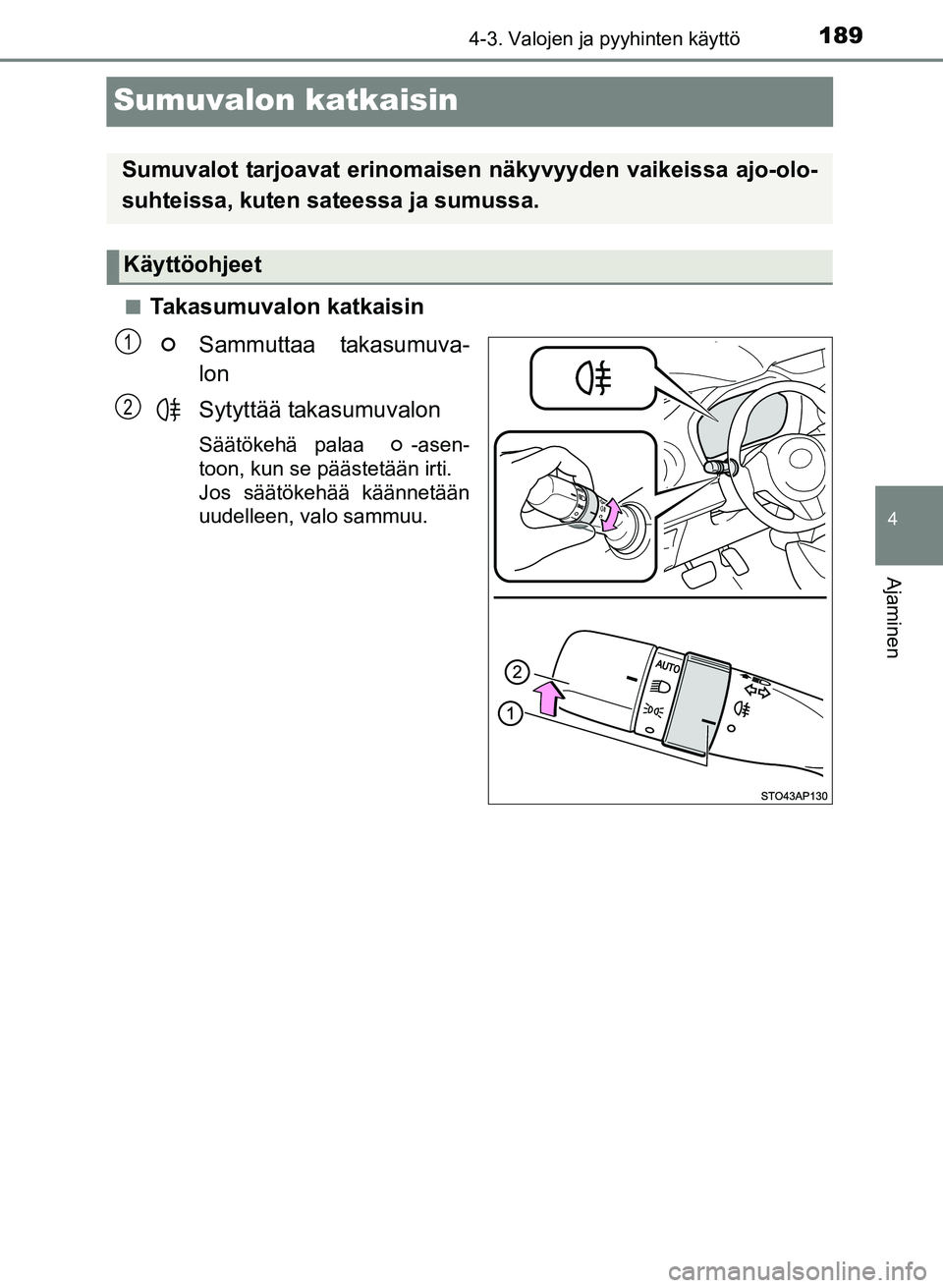 TOYOTA YARIS 2017  Omistajan Käsikirja (in Finnish) 189
4
4-3. Valojen ja pyyhinten käyttö
Ajaminen
OM52J20FI
Sumuvalon katkaisin
nTakasumuvalon katkaisinSammuttaa takasumuva-
lon
Sytyttää takasumuvalon
Säätökehä palaa  -asen-
toon, kun se pä