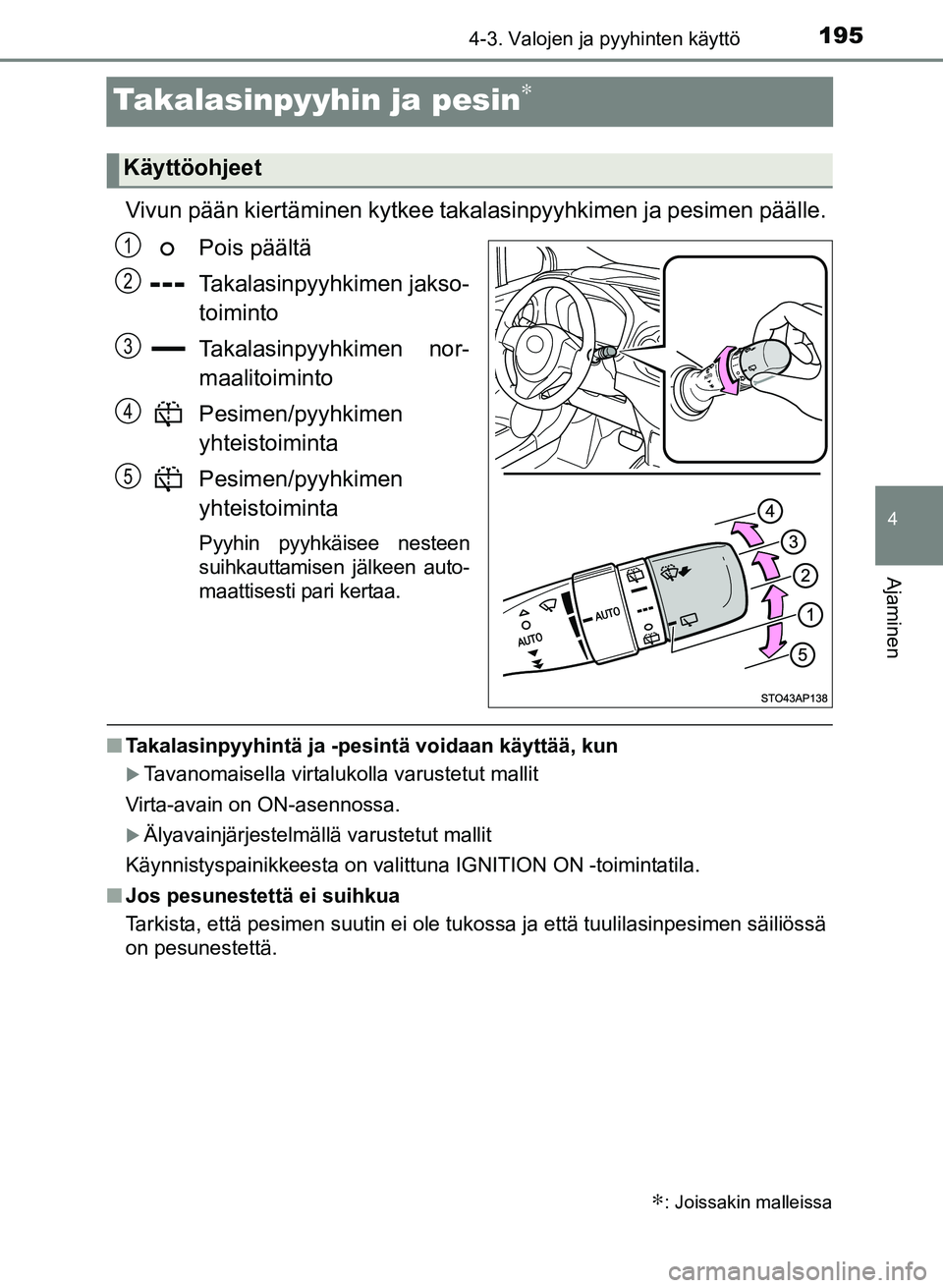TOYOTA YARIS 2017  Omistajan Käsikirja (in Finnish) 195
4
4-3. Valojen ja pyyhinten käyttö
Ajaminen
OM52J20FI
Takalasinpyyhin ja pesin∗
Vivun pään kiertäminen kytkee takalasinpyyhkimen ja pesimen päälle.Pois päältä
Takalasinpyyhkimen jakso-