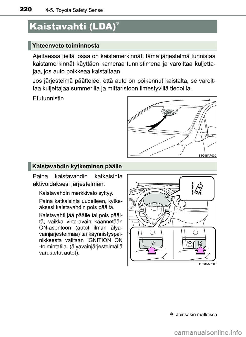 TOYOTA YARIS 2017  Omistajan Käsikirja (in Finnish) 2204-5. Toyota Safety Sense
OM52J20FI
Kaistavahti (LDA)∗
Ajettaessa tiellä jossa on kaistamerkinnät, tämä järjestelmä tunnistaa
kaistamerkinnät käyttäen kameraa tunnistimena ja varoittaa ku